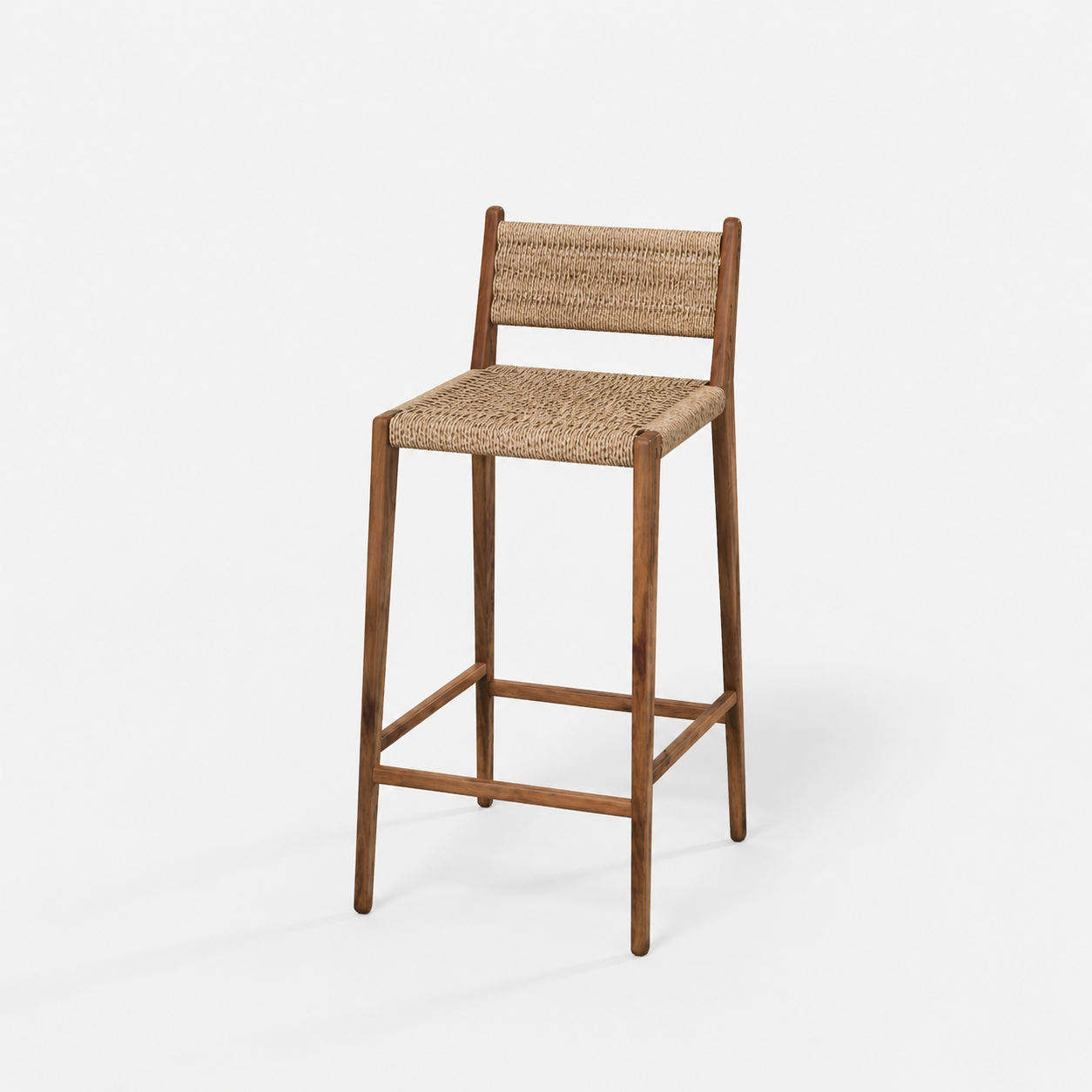 Acacia Wood Counter Stool with Handwoven Jute Seat and Back
