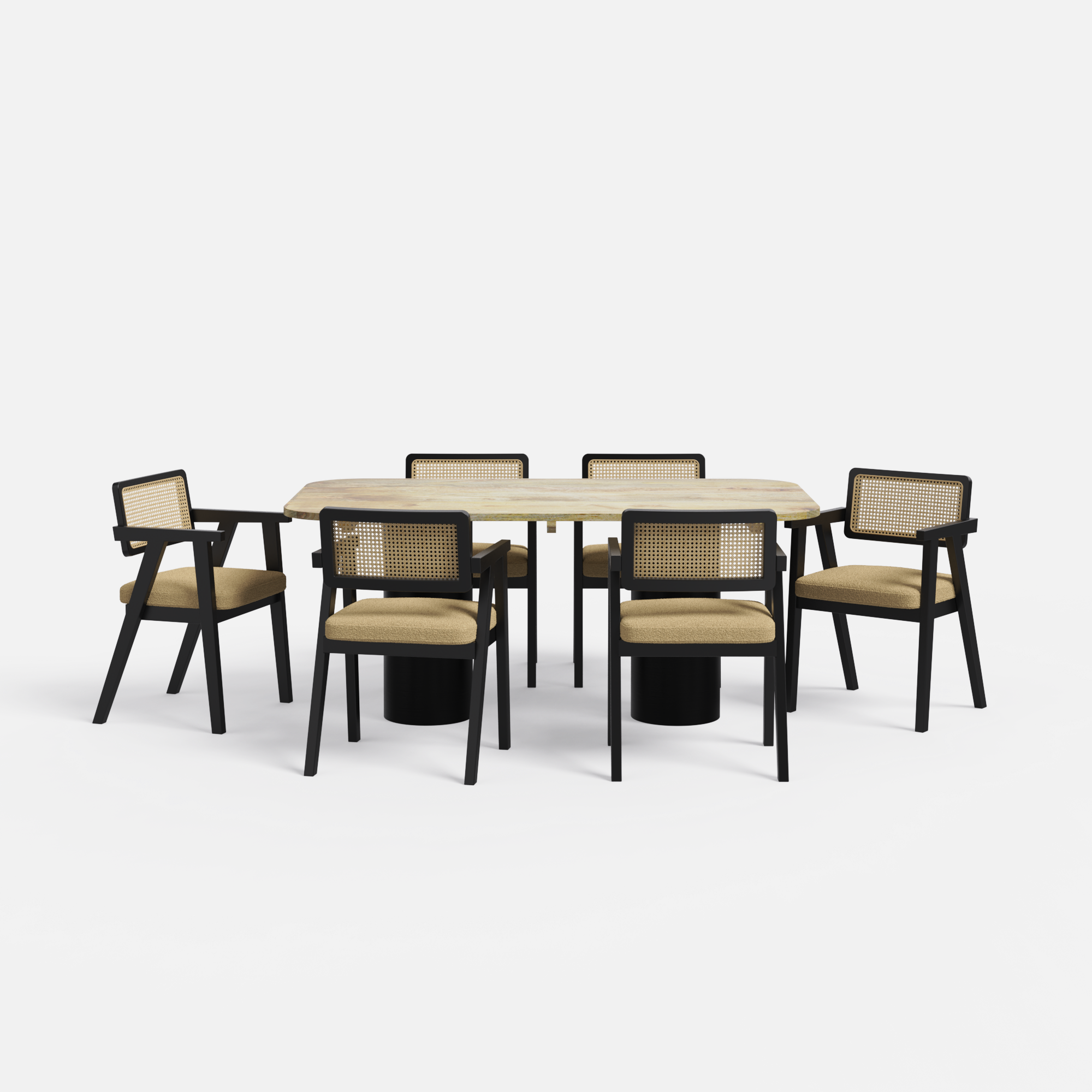 Alba-Bob Dining Table Set - Large 6 Seater - Table (175 cm x 90 cm x 76 cm H) + 6 Bob Chairs - Mango Table + Sheesham Seating