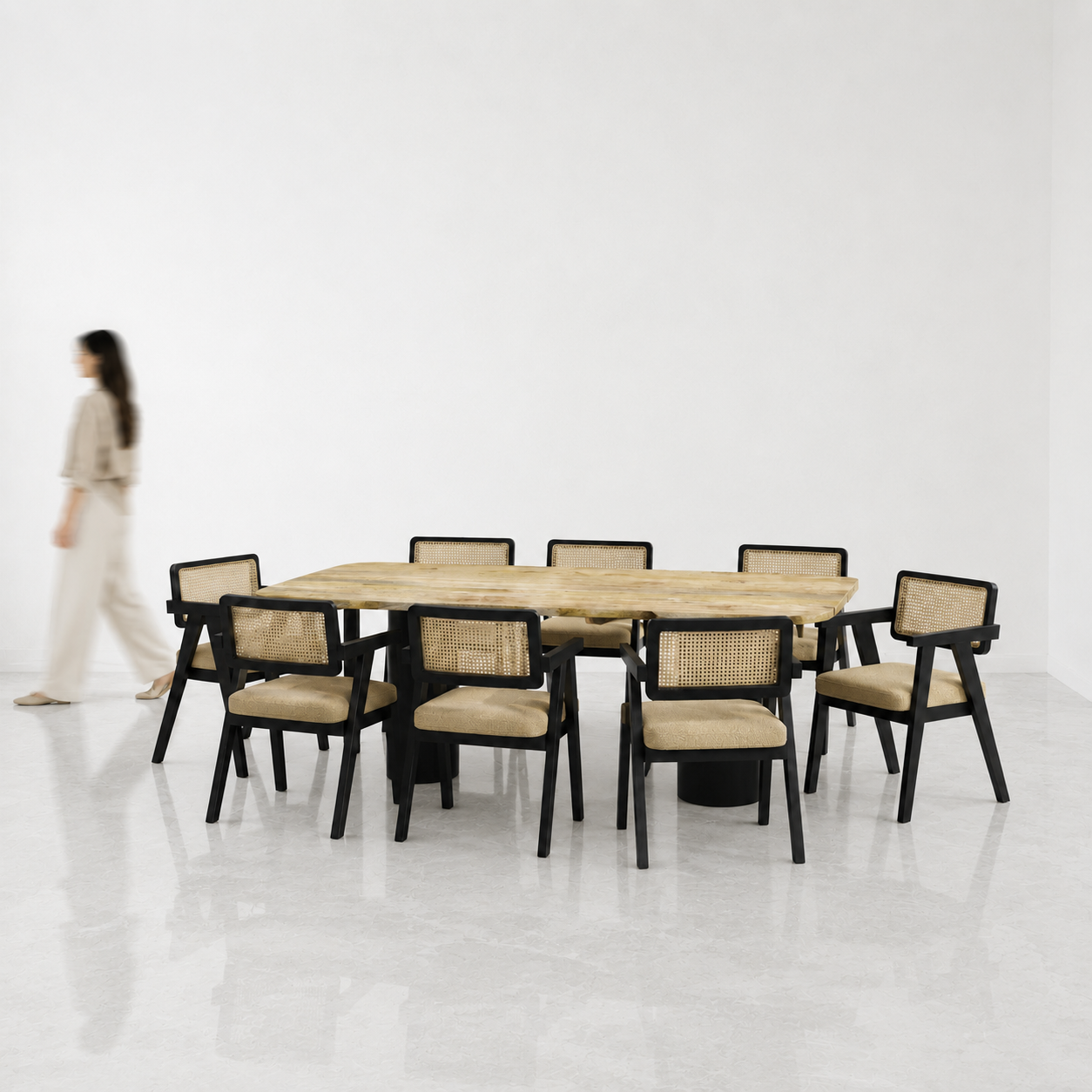 Alba-Bob Dining Table Set - 8 Seater - Table (210 cm x 100 cm x 76 cm H) + 8 Bob Chairs - Mango Table + Sheesham Seating