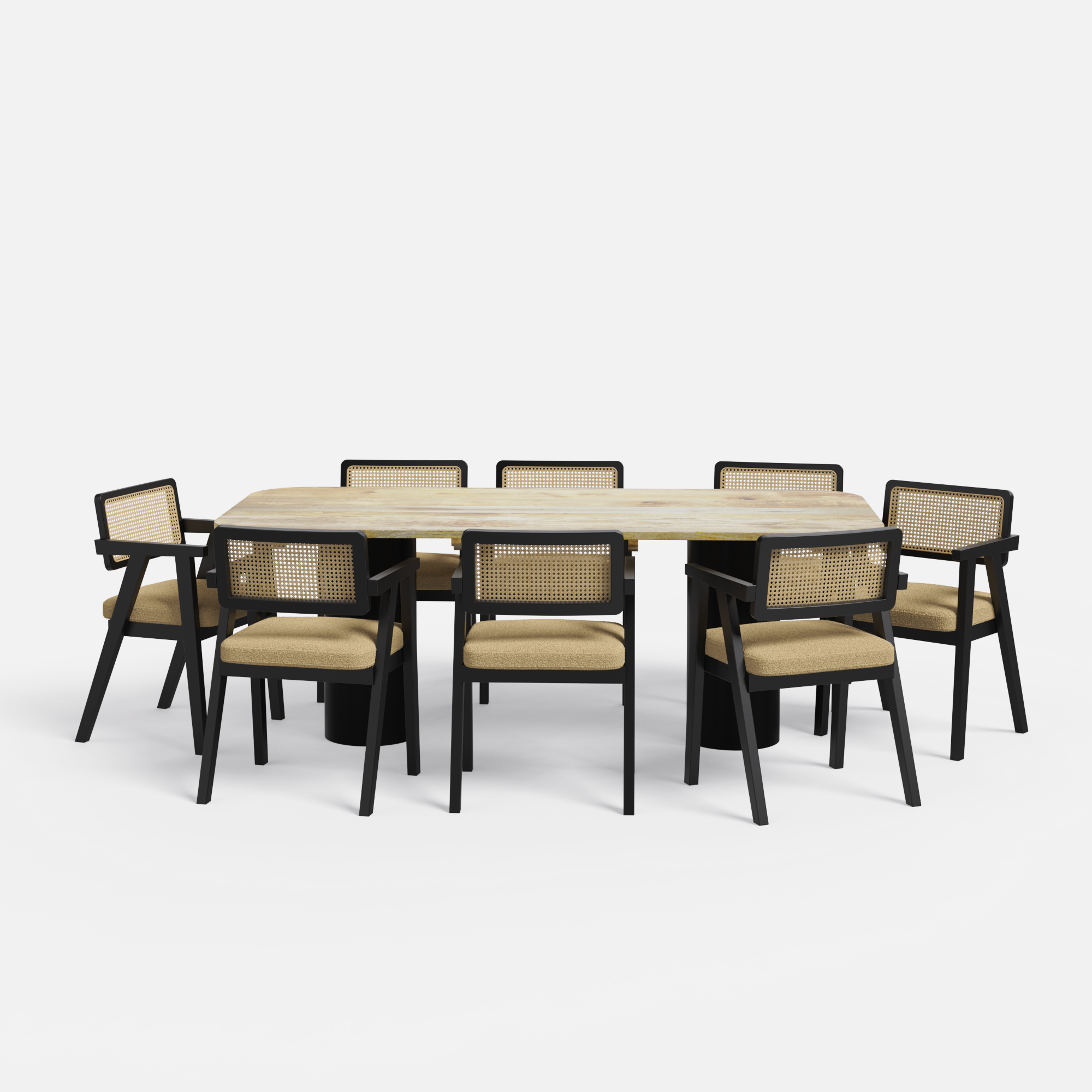 Alba-Bob Dining Table Set - 8 Seater - Table (210 cm x 100 cm x 76 cm H) + 8 Bob Chairs - Mango Table + Sheesham Seating