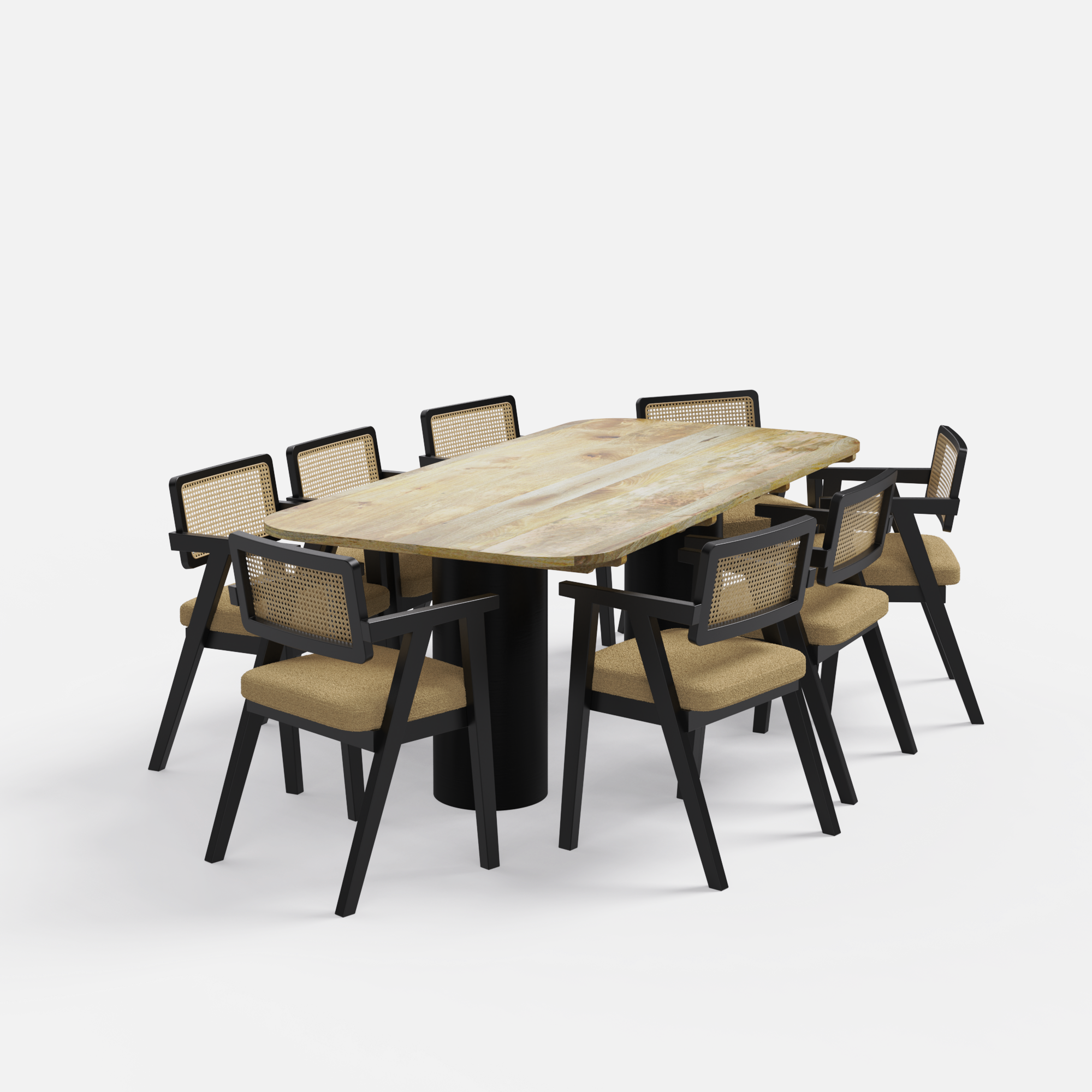 Alba-Bob Dining Table Set - 8 Seater - Table (210 cm x 100 cm x 76 cm H) + 8 Bob Chairs - Mango Table + Sheesham Seating