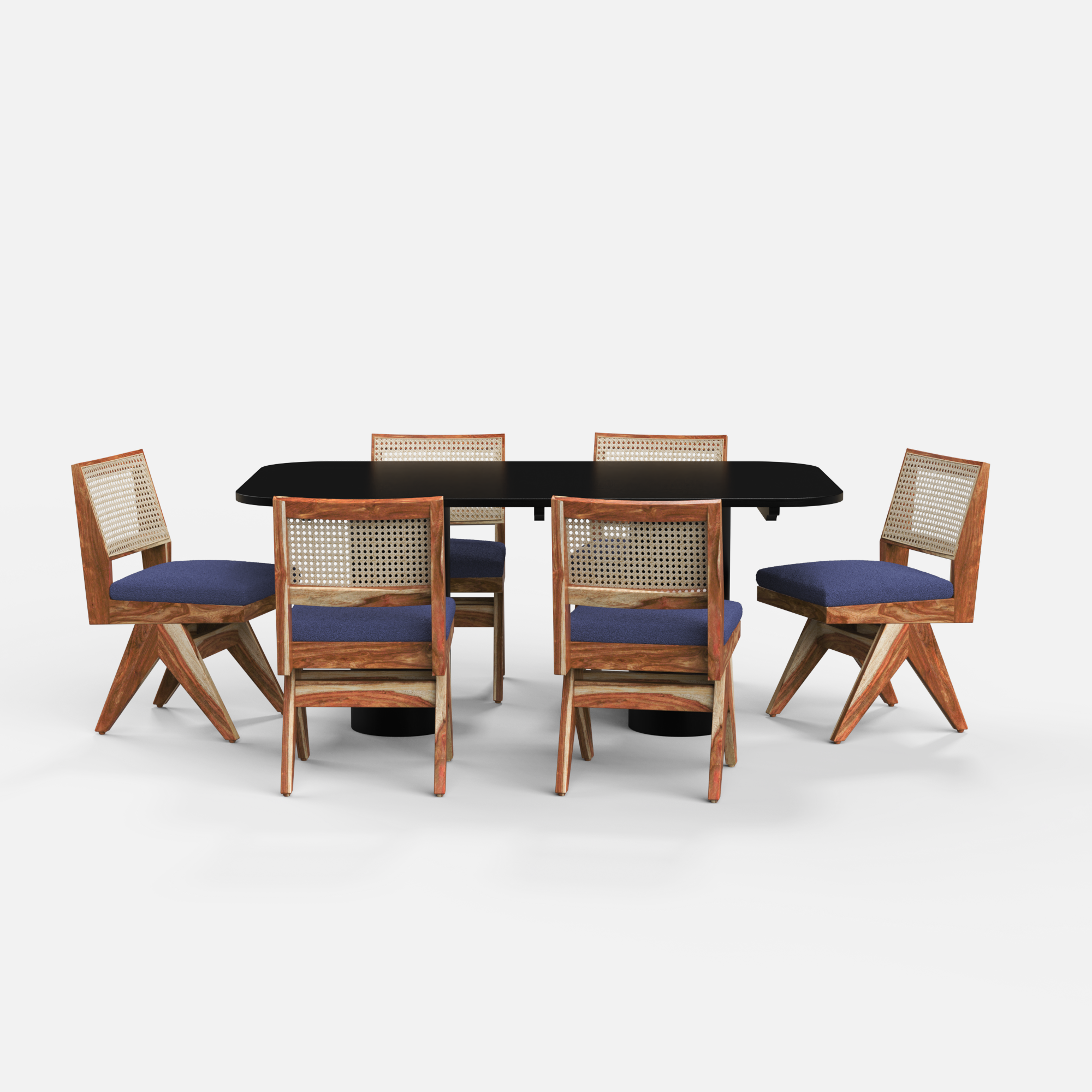 Alba-Jean Dining Table Set - Large 6 Seater - Table (175 cm x 90 cm x 76 cm H) + 6 Jean Chairs - Mango Table + Sheesham Seating