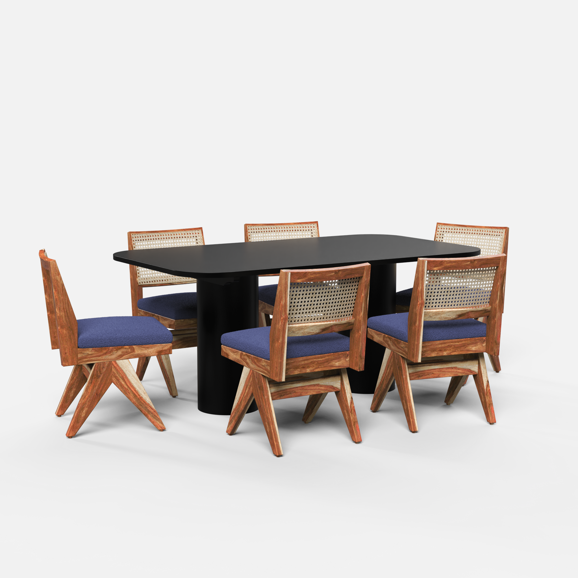 Alba-Jean Dining Table Set - Large 6 Seater - Table (175 cm x 90 cm x 76 cm H) + 6 Jean Chairs - Mango Table + Sheesham Seating