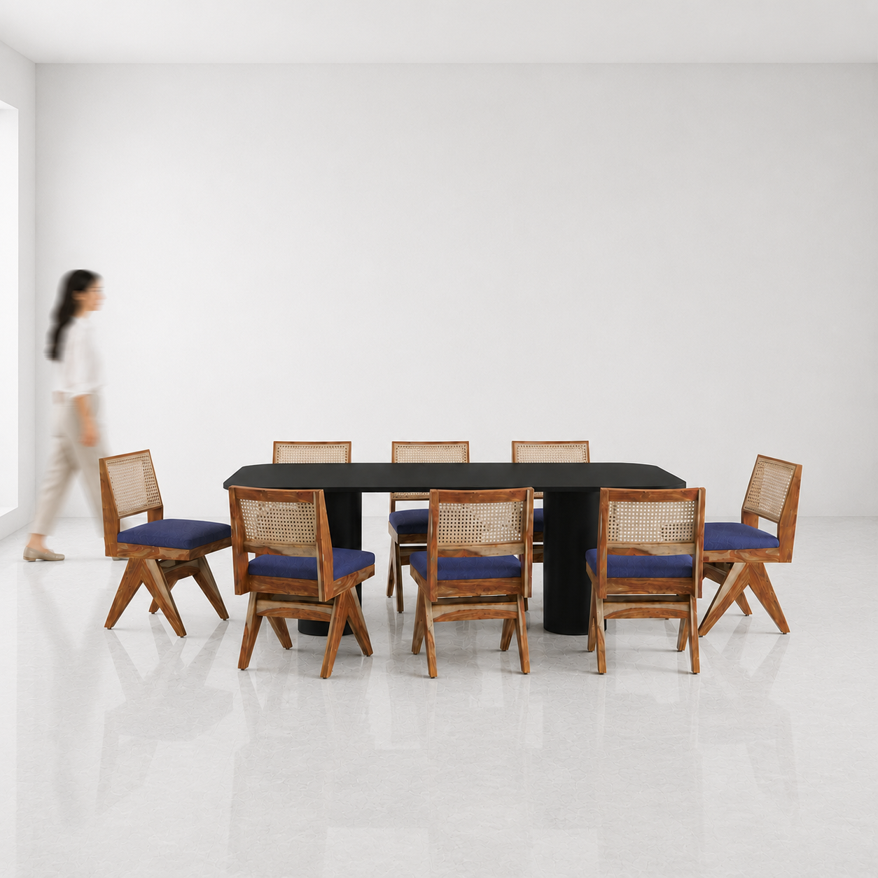 Alba-Jean Dining Table Set - 8 Seater - Table (210 cm x 100 cm x 76 cm H) + 8 Jean Chairs - Mango Table + Sheesham Seating