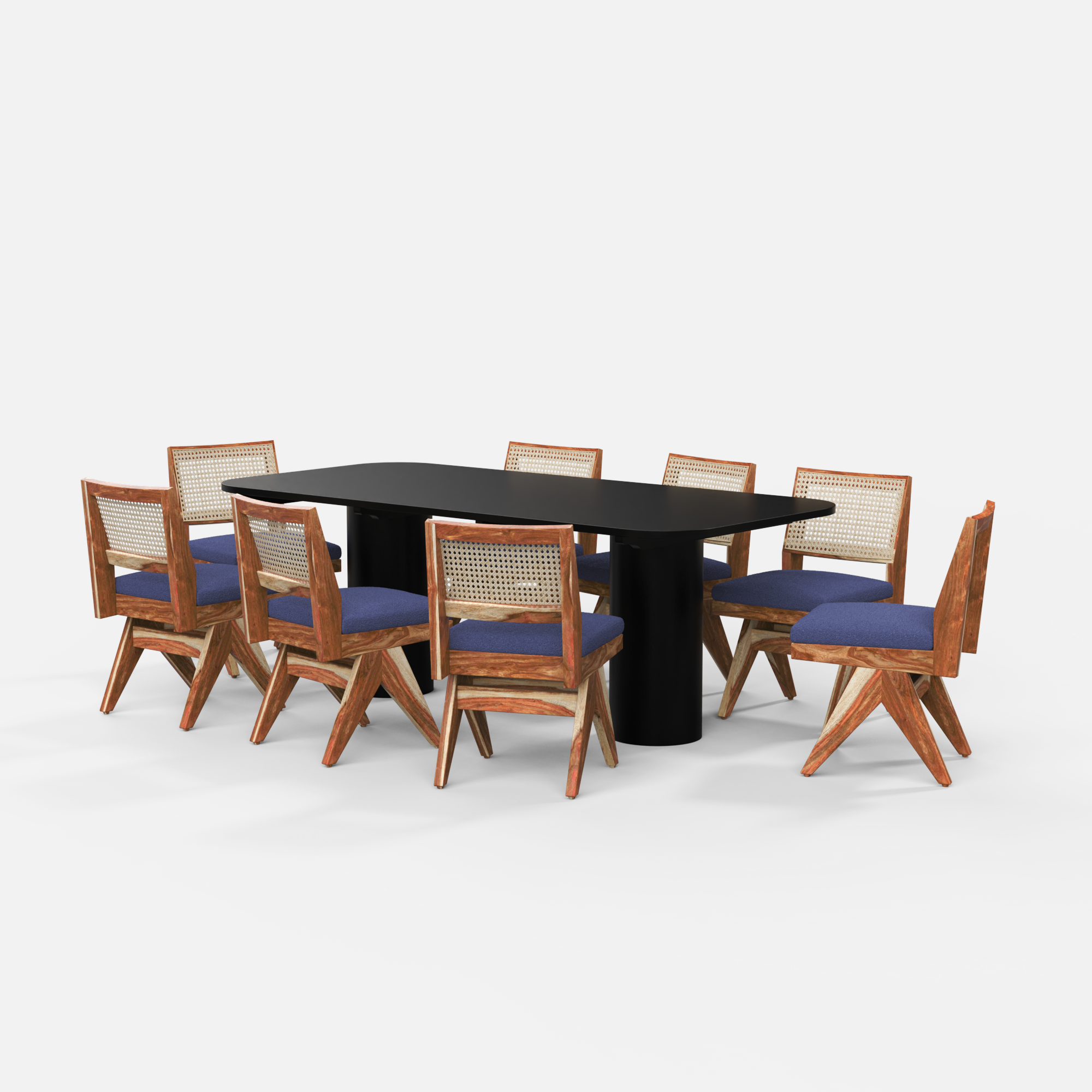 Alba-Jean Dining Table Set - 8 Seater - Table (210 cm x 100 cm x 76 cm H) + 8 Jean Chairs - Mango Table + Sheesham Seating