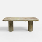 Wooden table with four cylindrical legs on a white background
