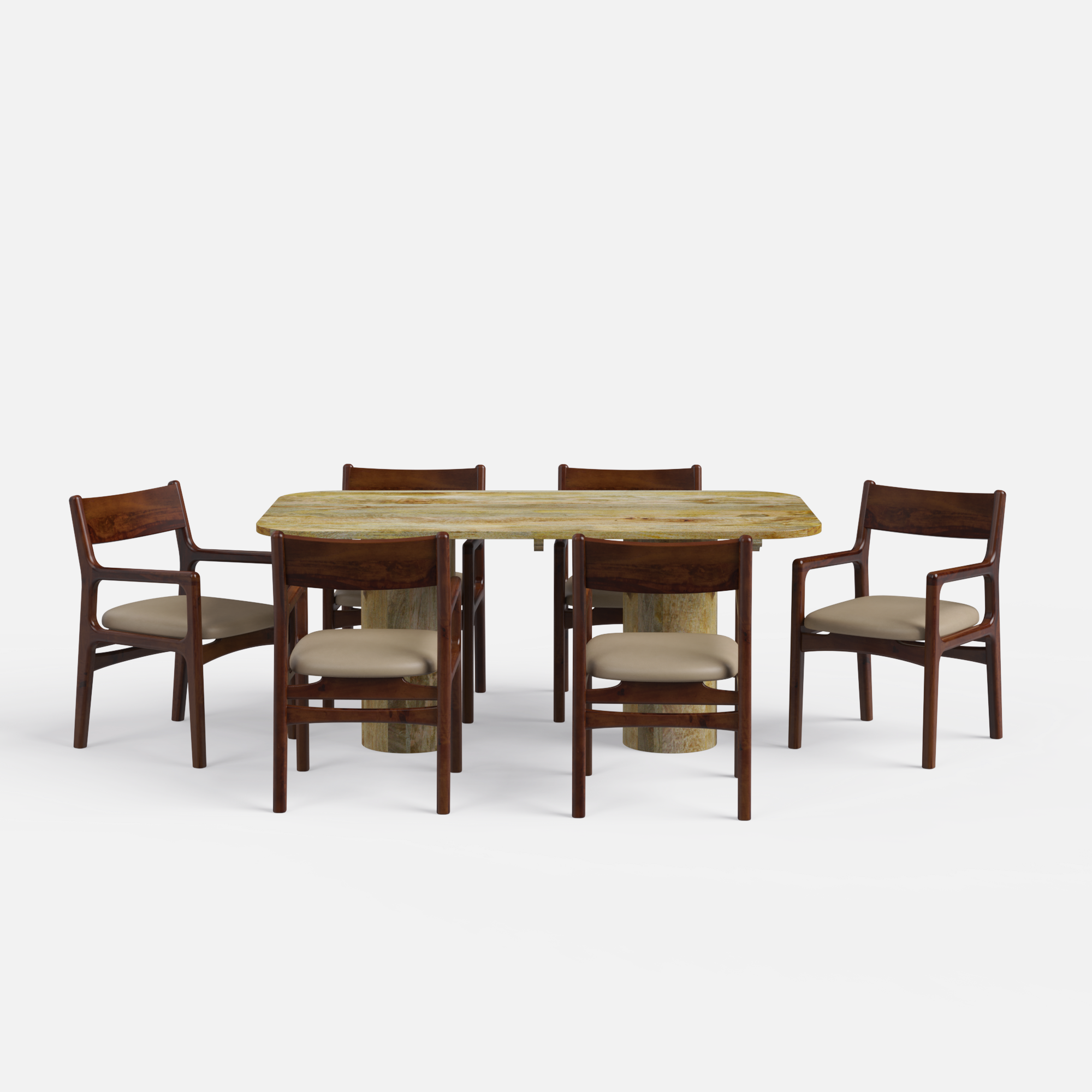 Alba-Kiyomi Dining Table Set - Large 6 Seater - Table (175 cm x 90 cm x 76 cm H) + 6 Kiyomi Chairs - Mango Table + Sheesham Seating