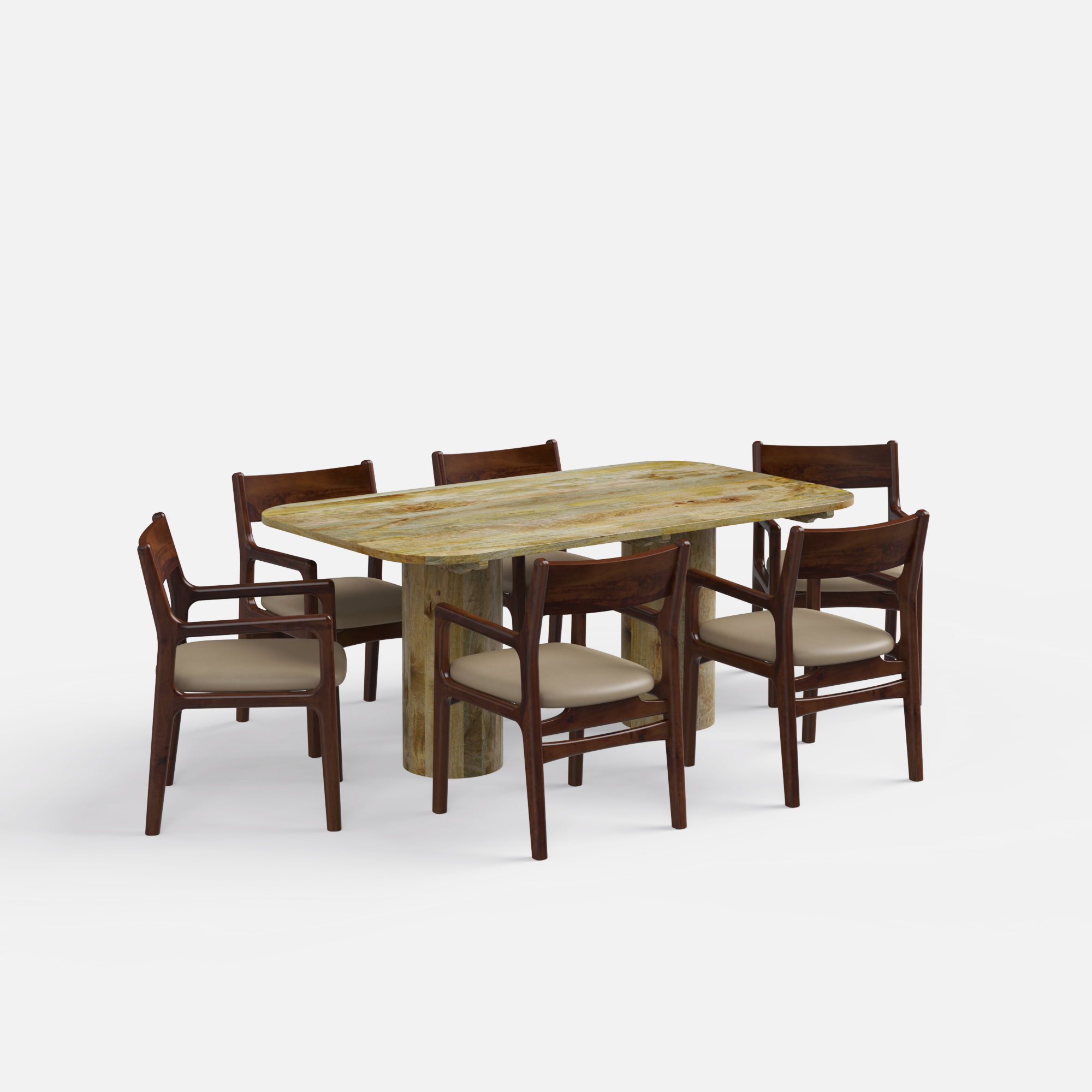 Alba-Kiyomi Dining Table Set - Large 6 Seater - Table (175 cm x 90 cm x 76 cm H) + 6 Kiyomi Chairs - Mango Table + Sheesham Seating