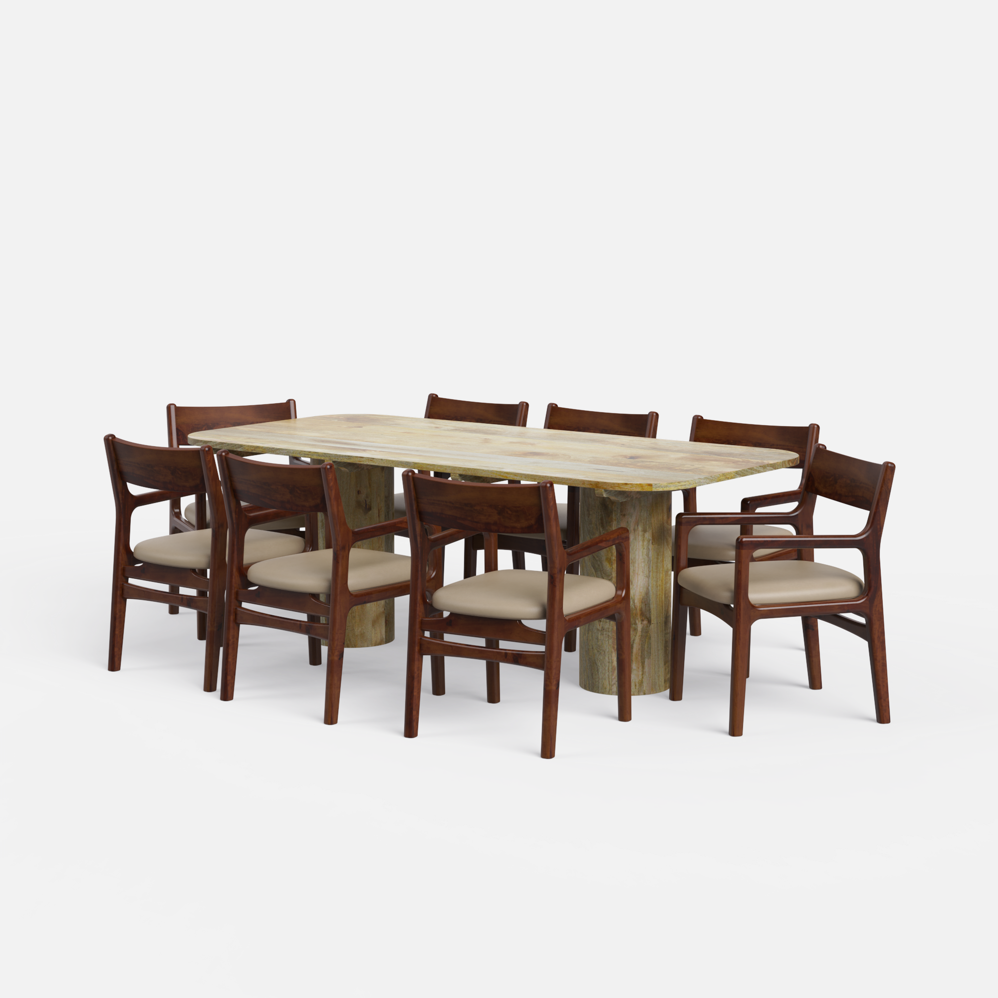Alba-Kiyomi Dining Table Set - 8 Seater - Table (210 cm x 100 cm x 76 cm H) + 8 Kiyomi Chairs - Mango Table + Sheesham Seating