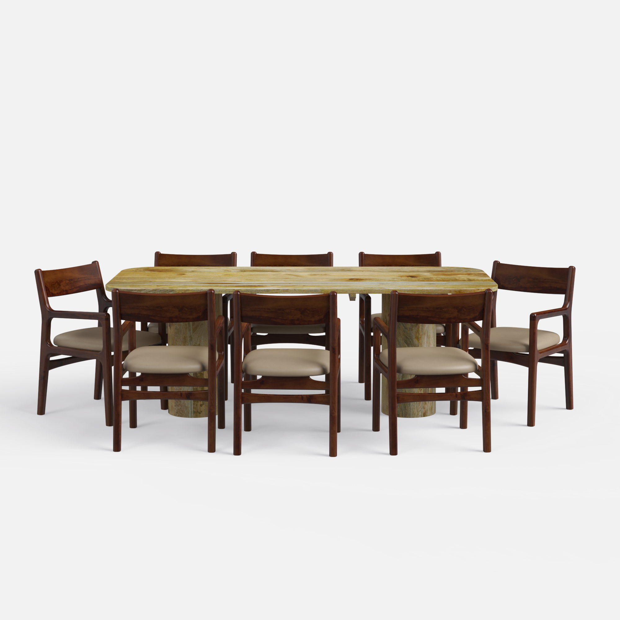 Alba-Kiyomi Dining Table Set - 8 Seater - Table (210 cm x 100 cm x 76 cm H) + 8 Kiyomi Chairs - Mango Table + Sheesham Seating