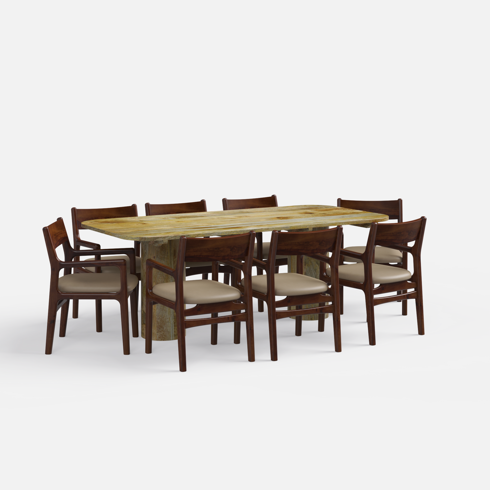 Alba-Kiyomi Dining Table Set - 8 Seater - Table (210 cm x 100 cm x 76 cm H) + 8 Kiyomi Chairs - Mango Table + Sheesham Seating