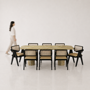 Alba-Pierre Dining Table Set - 8 Seater - Table (210 cm x 100 cm x 76 cm H) + 8 Pierre Chairs - Mango Table + Sheesham Seating