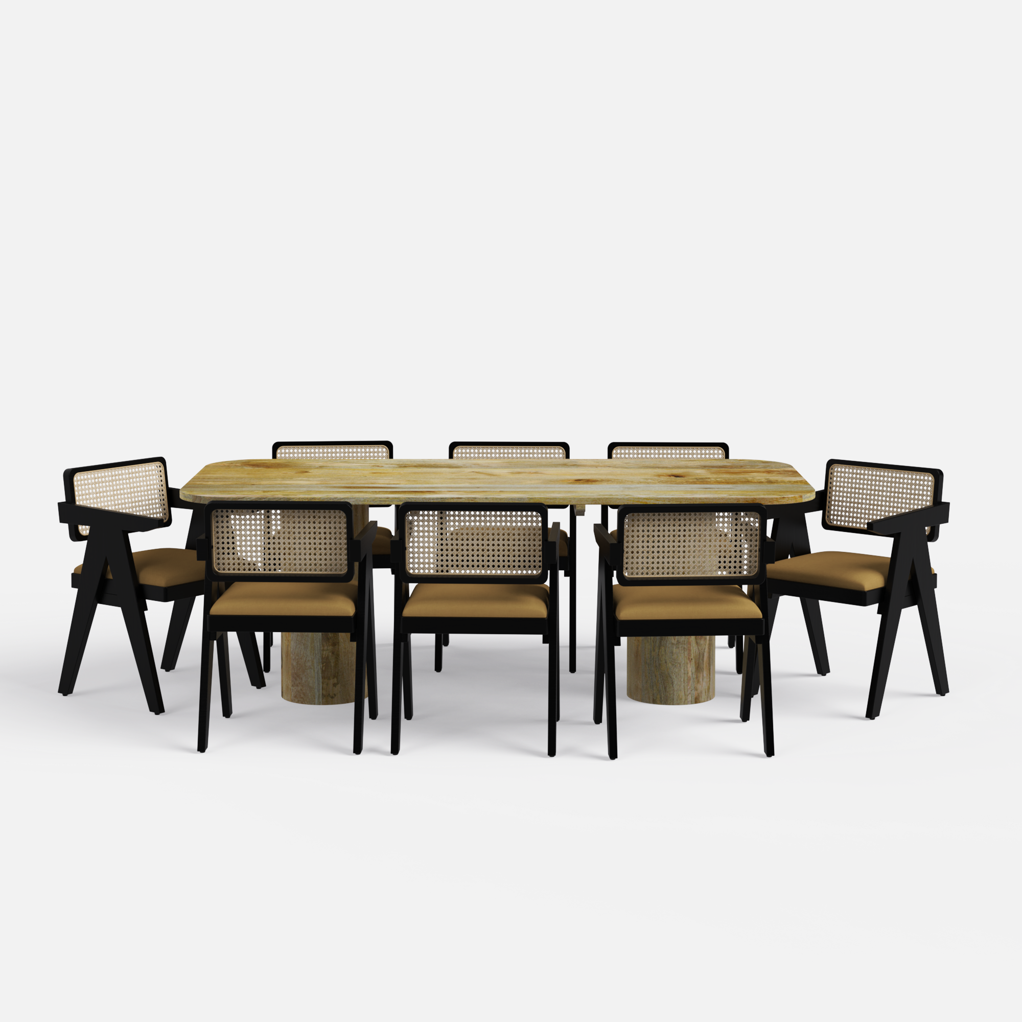 Alba-Pierre Dining Table Set - 8 Seater - Table (210 cm x 100 cm x 76 cm H) + 8 Pierre Chairs - Mango Table + Sheesham Seating