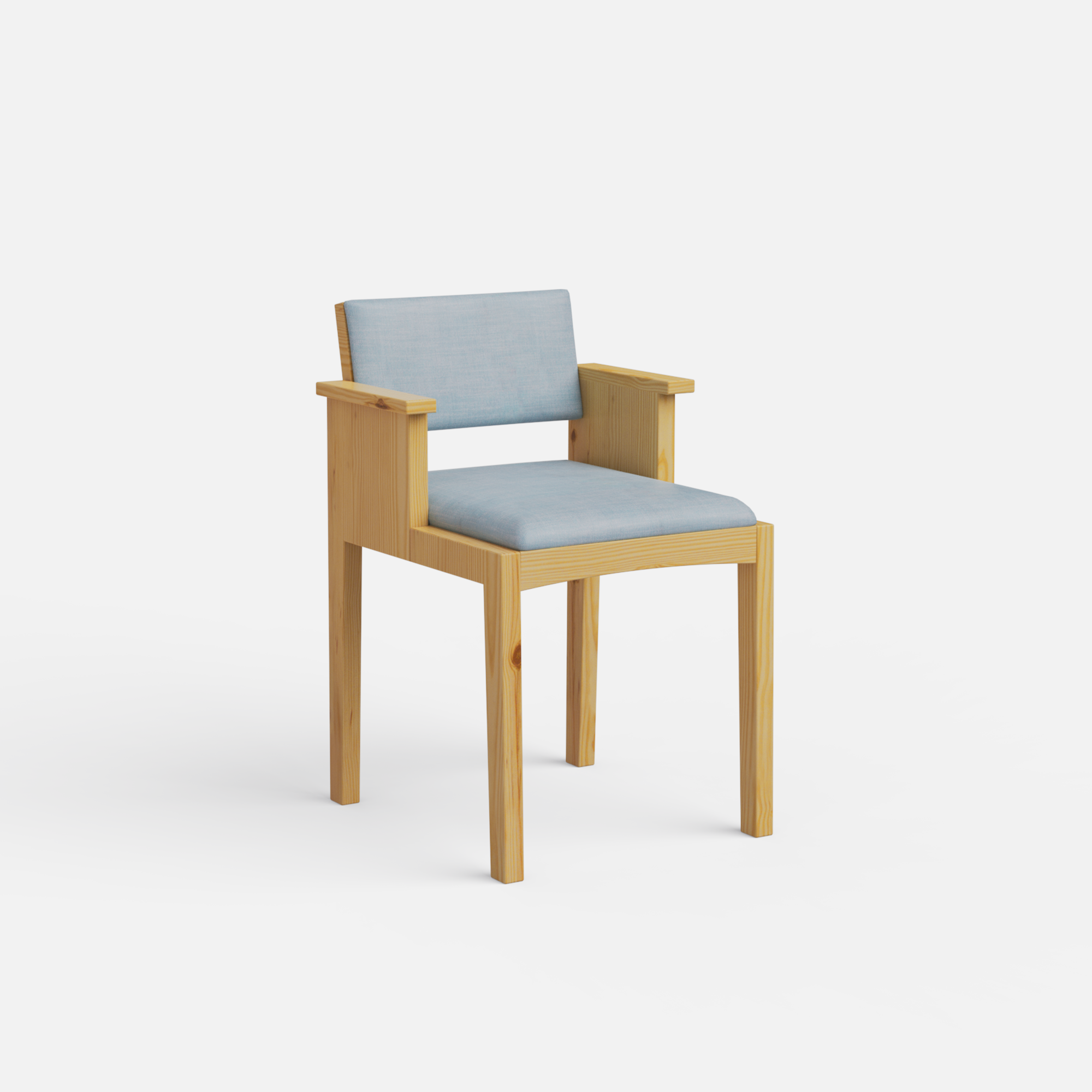 Wooden arm chair with light blue cushion on a white background