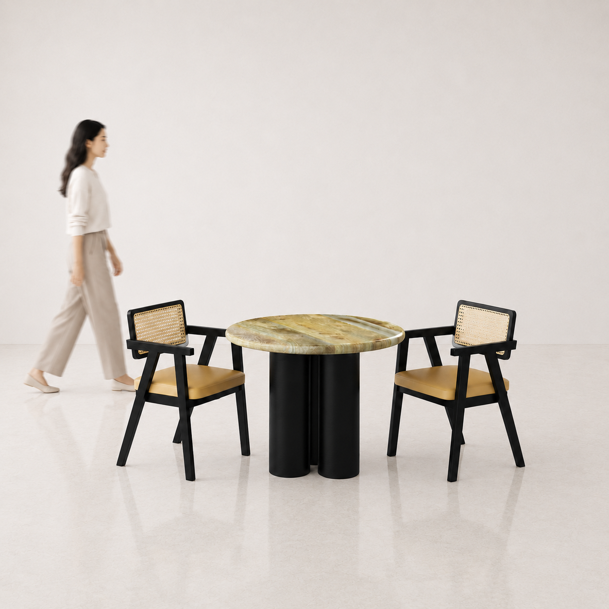 Amor-Bob Dining Table Set - 2 Seater - Table (100 cm Dia x 76 cm) + 2 Bob Chairs - Mango Table + Sheesham Seating