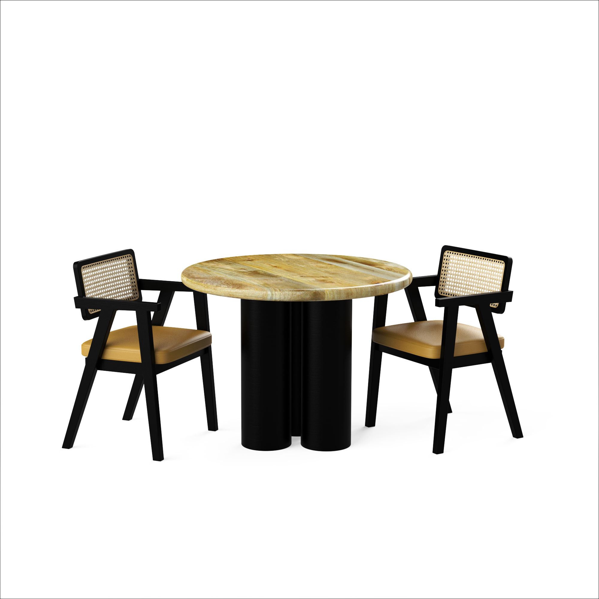 Amor-Bob Dining Table Set - 2 Seater - Table (100 cm Dia x 76 cm) + 2 Bob Chairs - Mango Table + Sheesham Seating