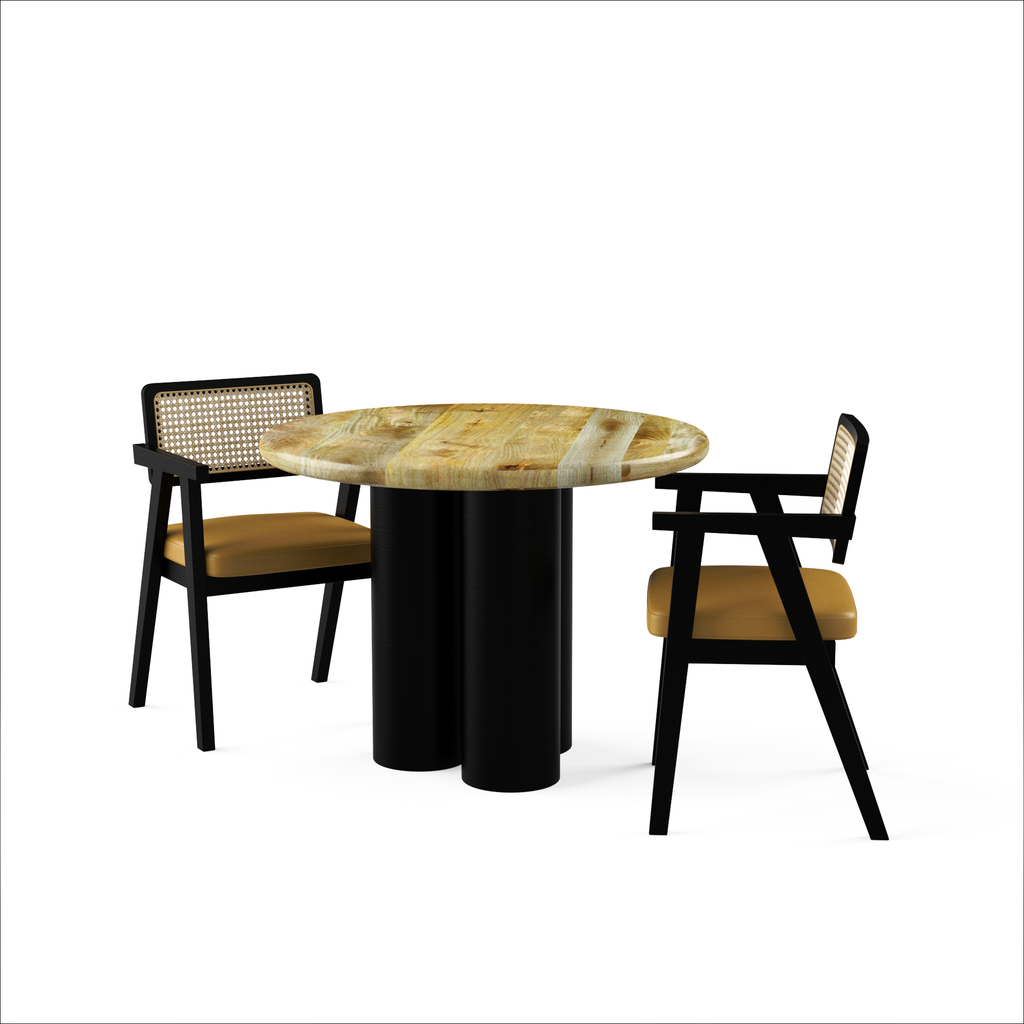 Amor-Bob Dining Table Set - 2 Seater - Table (100 cm Dia x 76 cm) + 2 Bob Chairs - Mango Table + Sheesham Seating