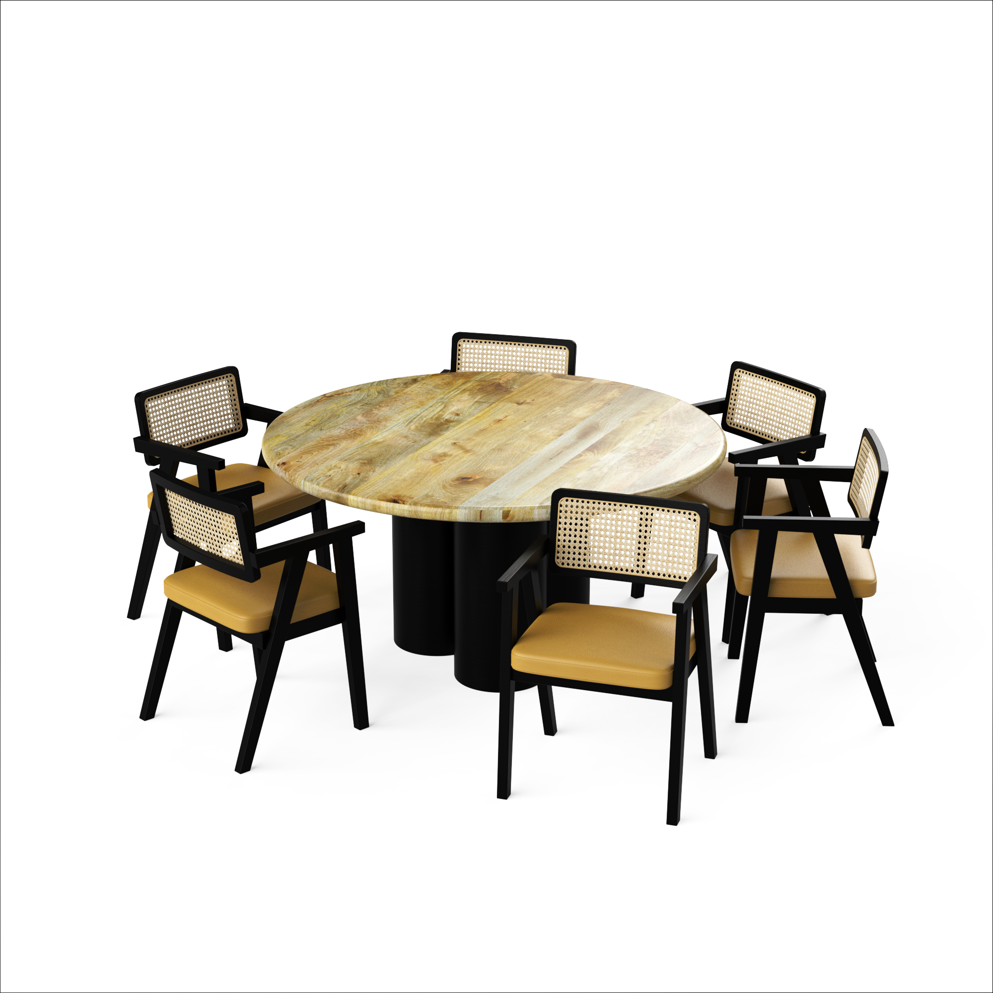 Amor-Bob Dining Table Set - 6 Seater - Table (150 cm Dia x 76 cm) + 6 Bob Chairs - Mango Table + Sheesham Seating