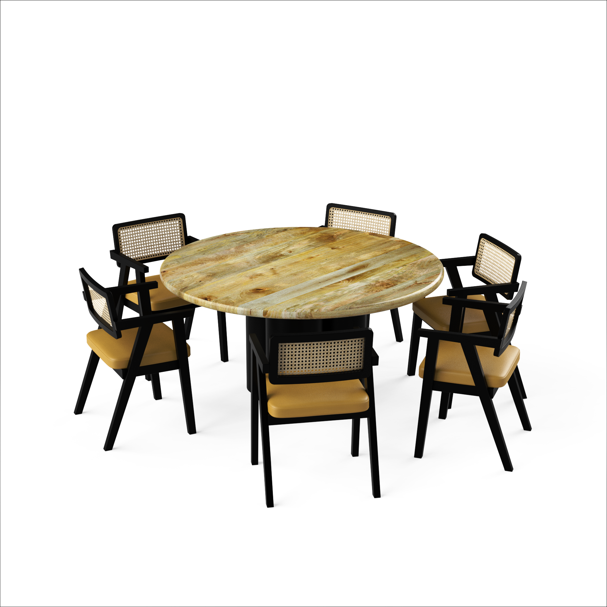 Amor-Bob Dining Table Set - 6 Seater - Table (150 cm Dia x 76 cm) + 6 Bob Chairs - Mango Table + Sheesham Seating