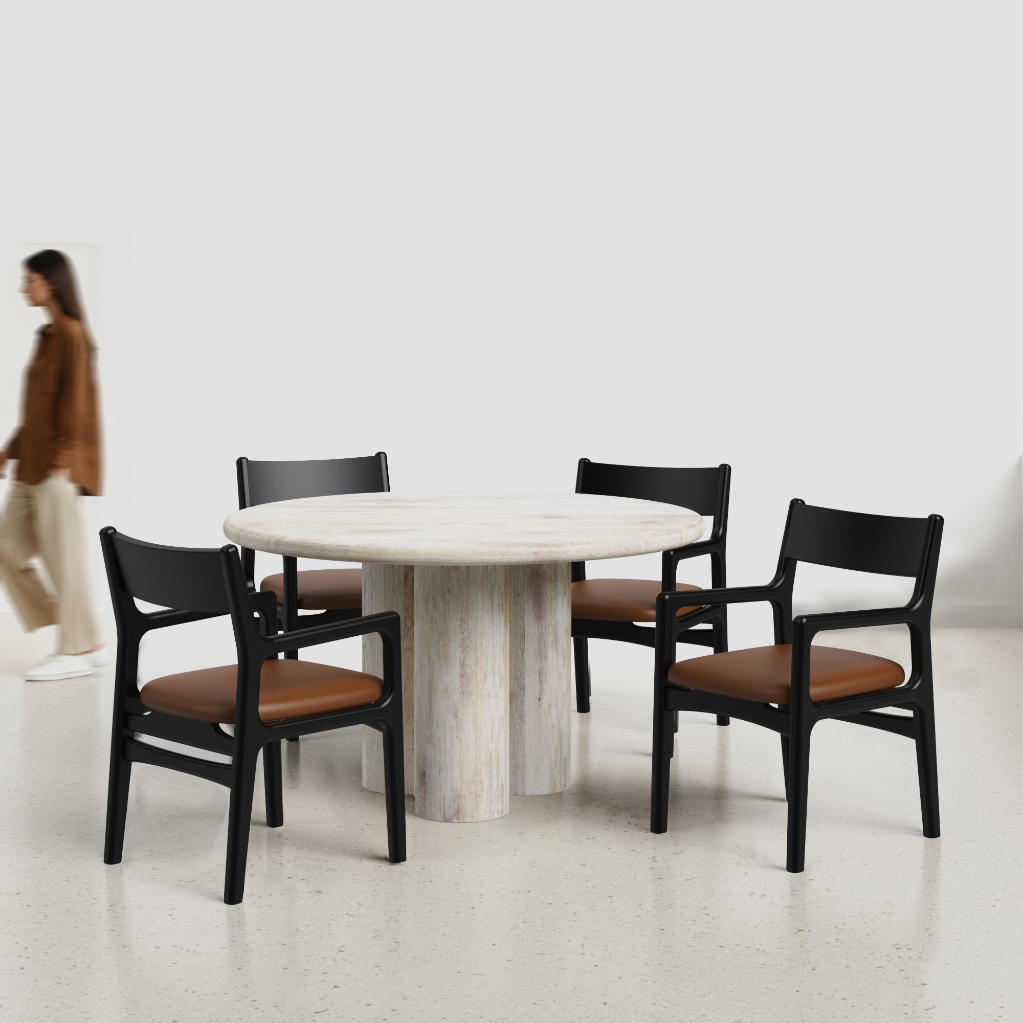 Amor-Dining-Table-130cm-D-Mango-White-distressed-finish-4-Kiyomi-chair-sheesham-black-matte-Tan-vegan-leather-C1.png