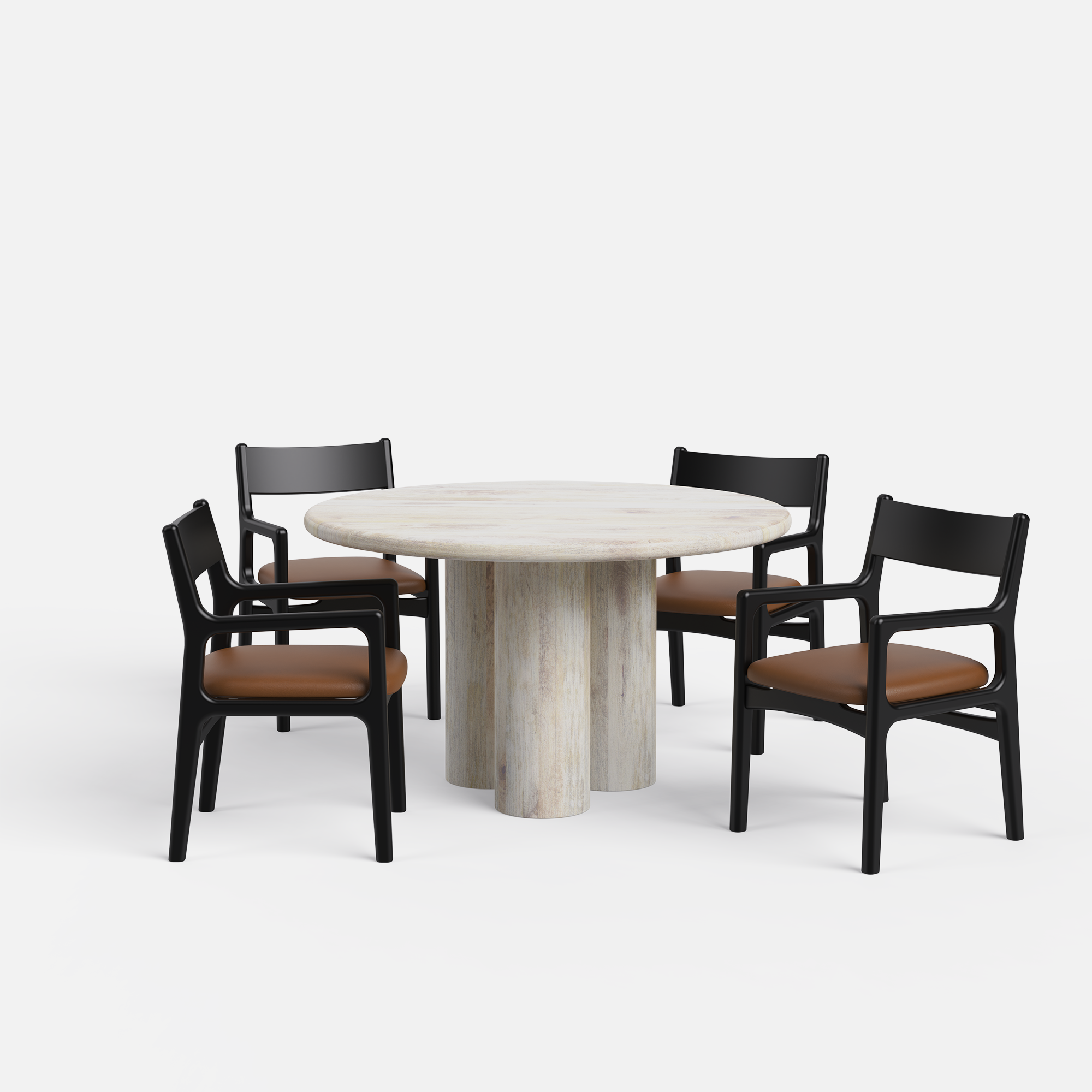 Amor-Dining-Table-130cm-D-Mango-White-distressed-finish-4-Kiyomi-chair-sheesham-black-matte-Tan-vegan-leather-V2.png