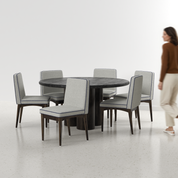 Amor-Lidia Textured Black Dining Table Set with Premium Trimming - 6 Seater - Table (150 cm Dia x 76 cm) + 6 Lidia Chairs - Mango Table + Sheesham Seating