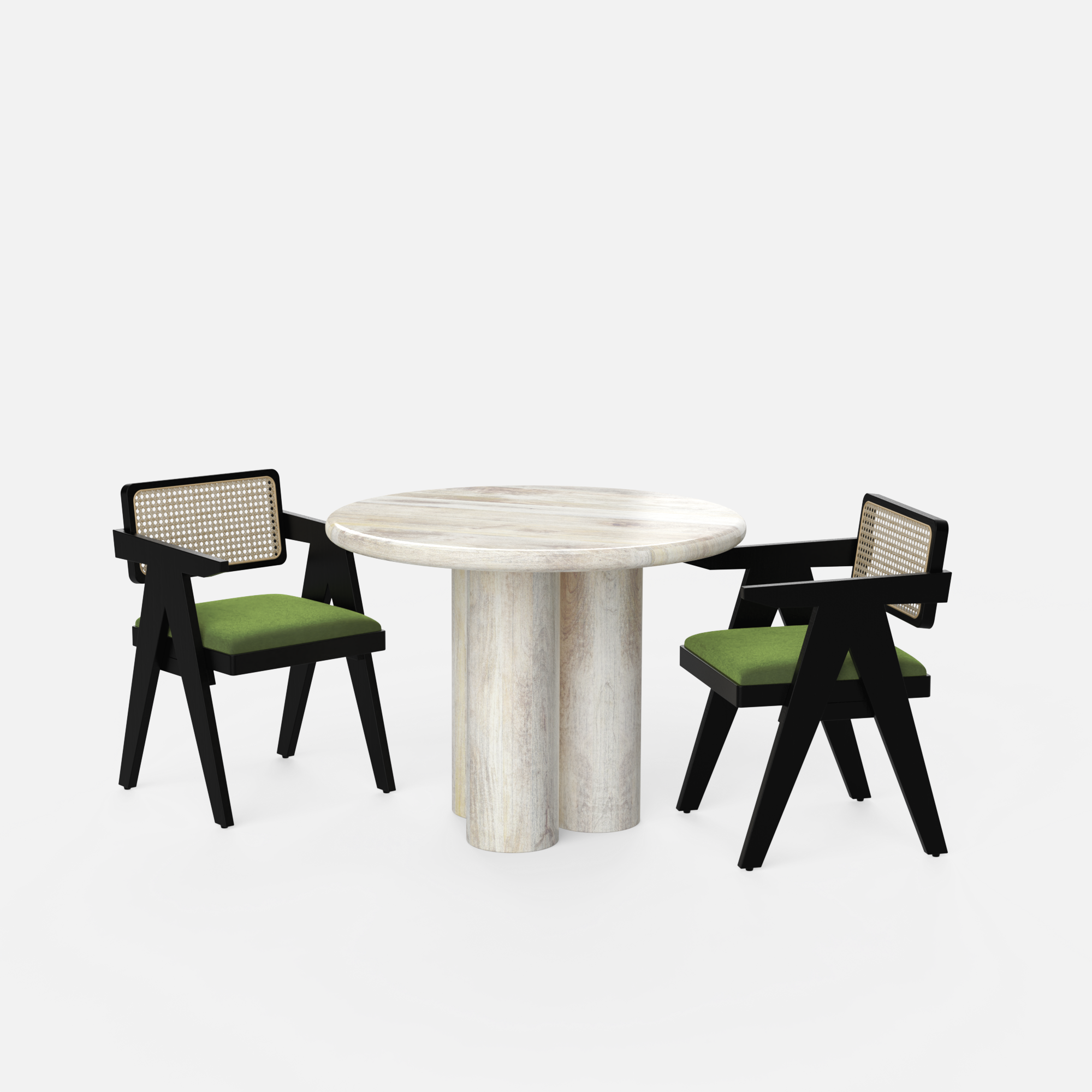 Amor-Pierre Dining Table Set - 2 Seater - Table (100 cm Dia x 76 cm) + 2 Pierre Chairs - Mango Table + Sheesham Seating