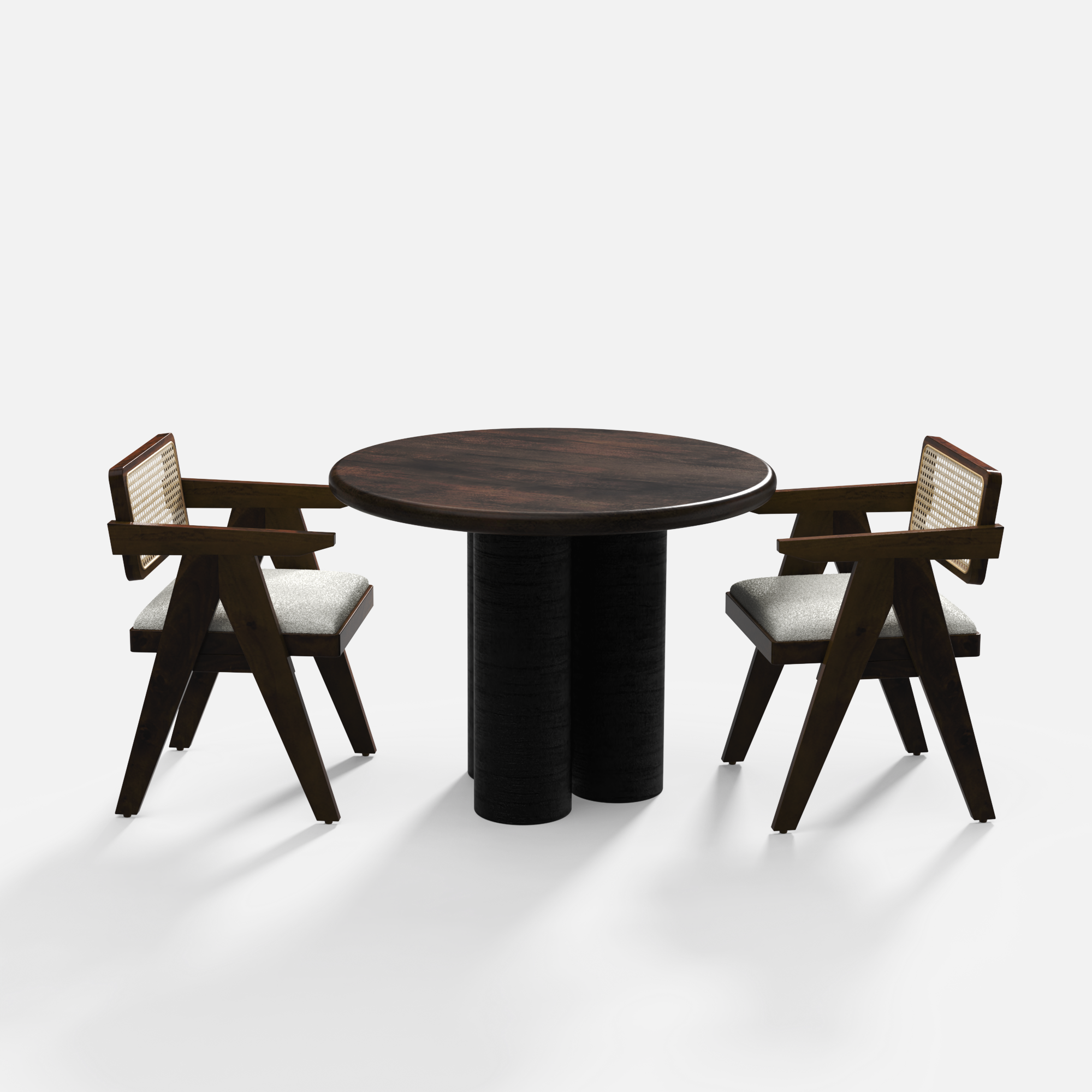 Amor-Pierre Textured Walnut Dining Table Set - 2 Seater - Table (100 cm Dia x 76 cm) + 2 Pierre Chairs - Mango Table + Sheesham Seating