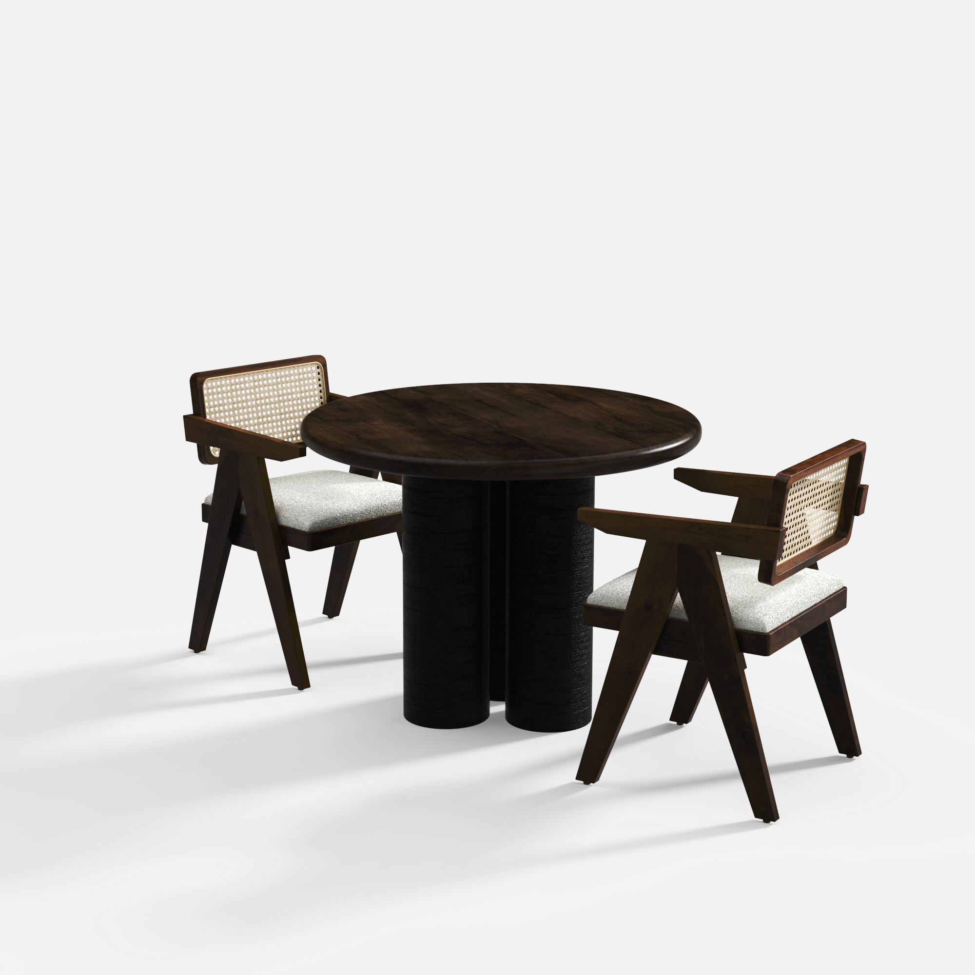 Amor-Pierre Textured Walnut Dining Table Set - 2 Seater - Table (100 cm Dia x 76 cm) + 2 Pierre Chairs - Mango Table + Sheesham Seating