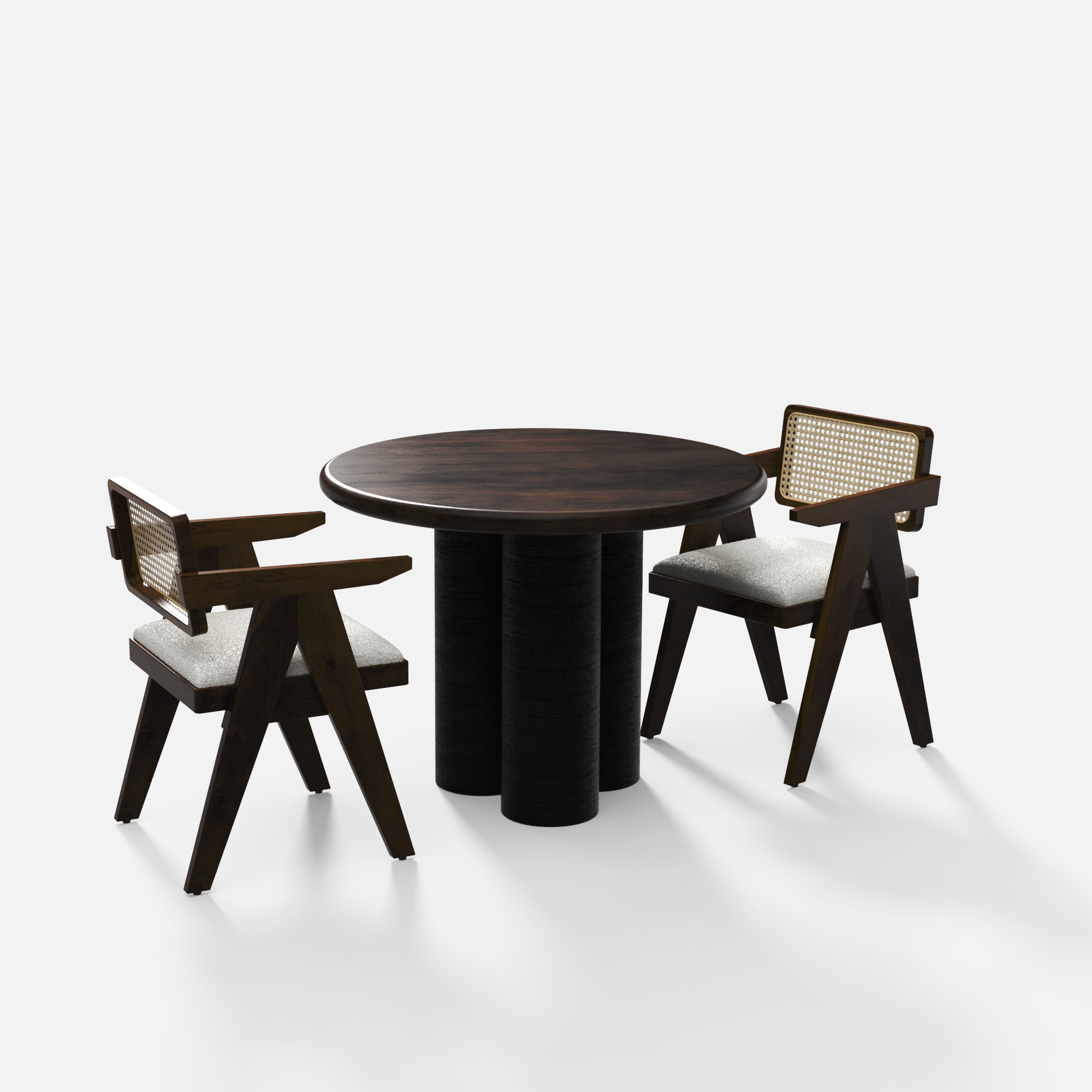 Amor-Pierre Textured Walnut Dining Table Set - 2 Seater - Table (100 cm Dia x 76 cm) + 2 Pierre Chairs - Mango Table + Sheesham Seating