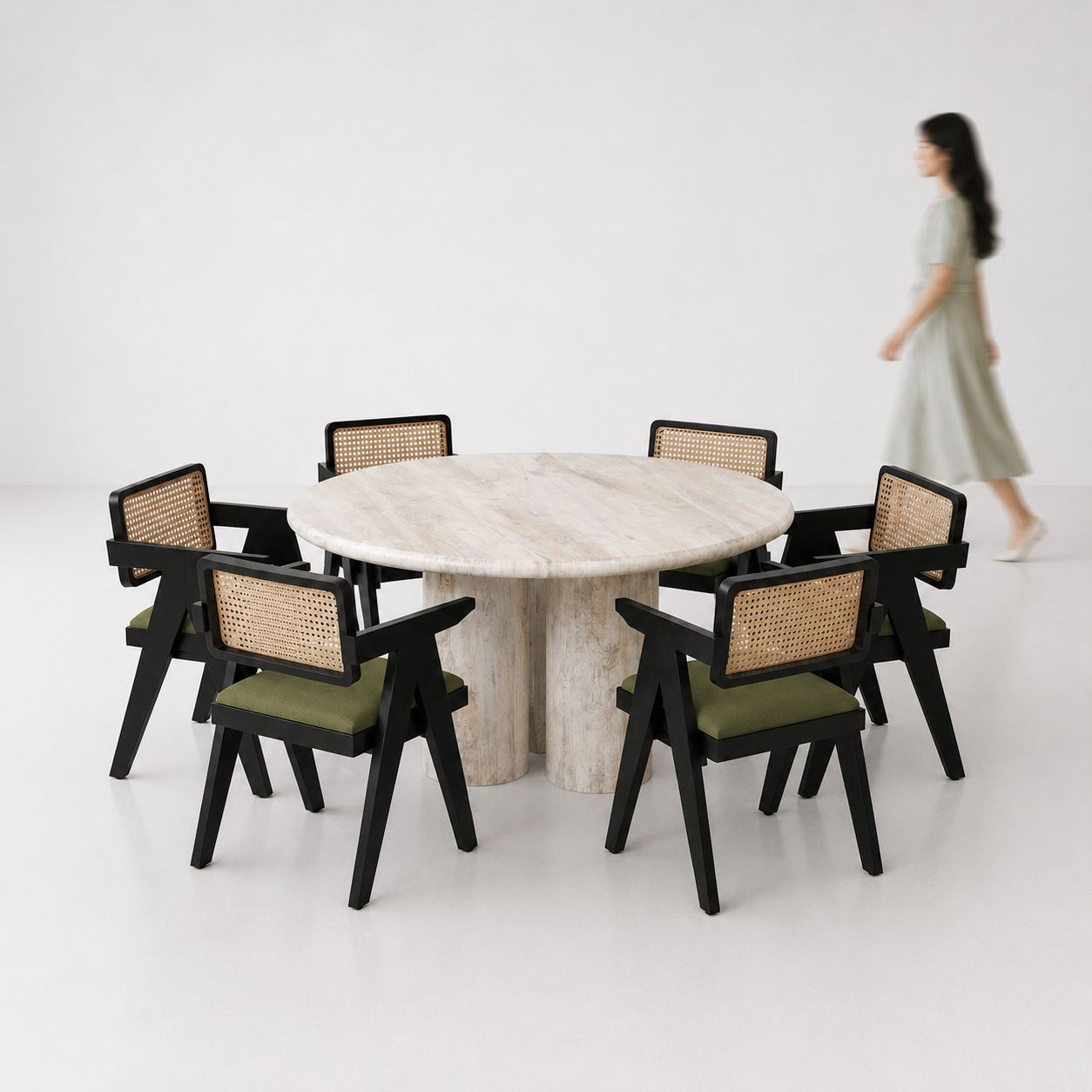 Amor-Pierre-dining-set-150cm--white-distressed-mango-table-6-chairs-black-on-sheesham-olive-green-velvet-fabric-C1.png