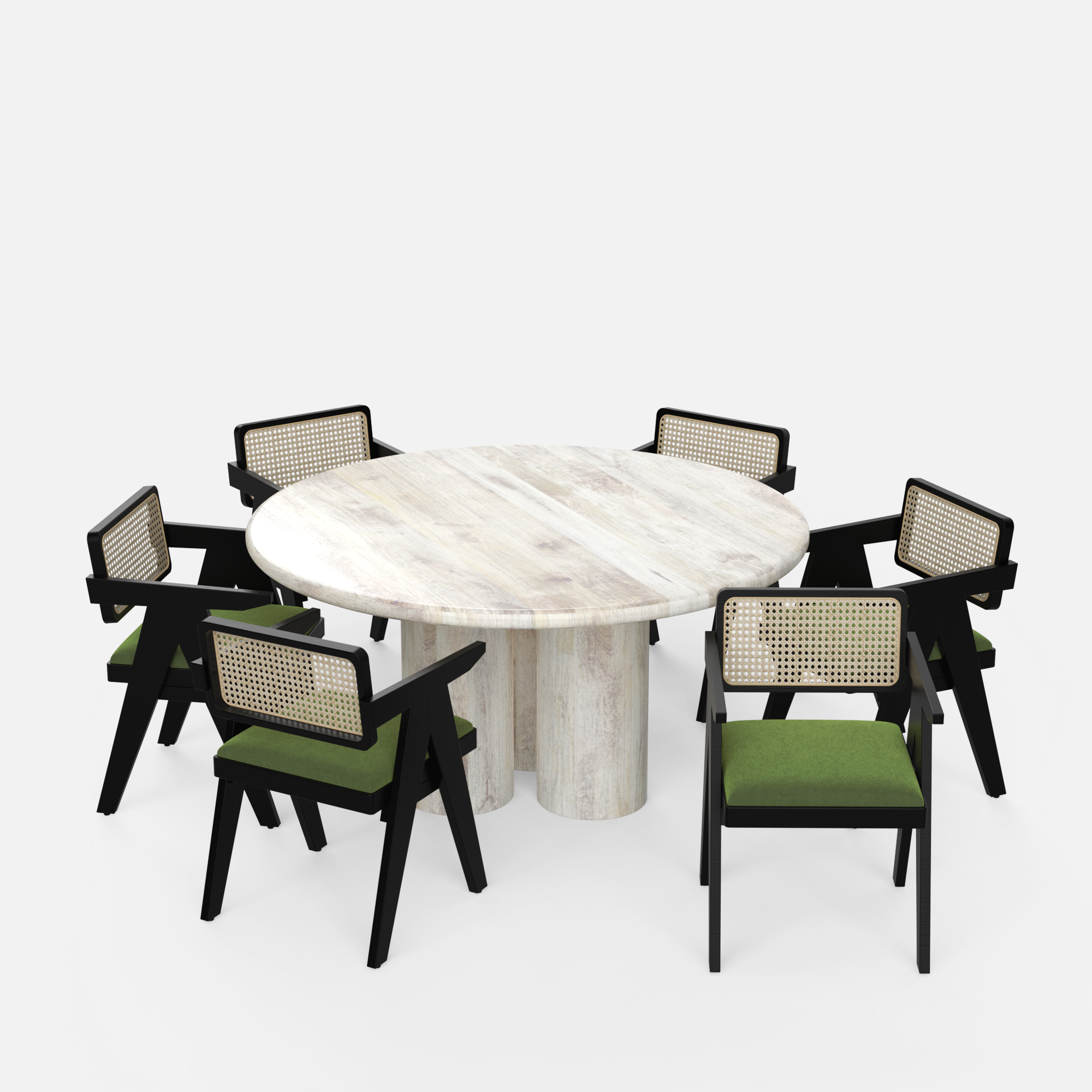 Amor-Pierre Dining Table Set - 6 Seater - Table (150 cm Dia x 76 cm) + 6 Pierre Chairs - Mango Table + Sheesham Seating
