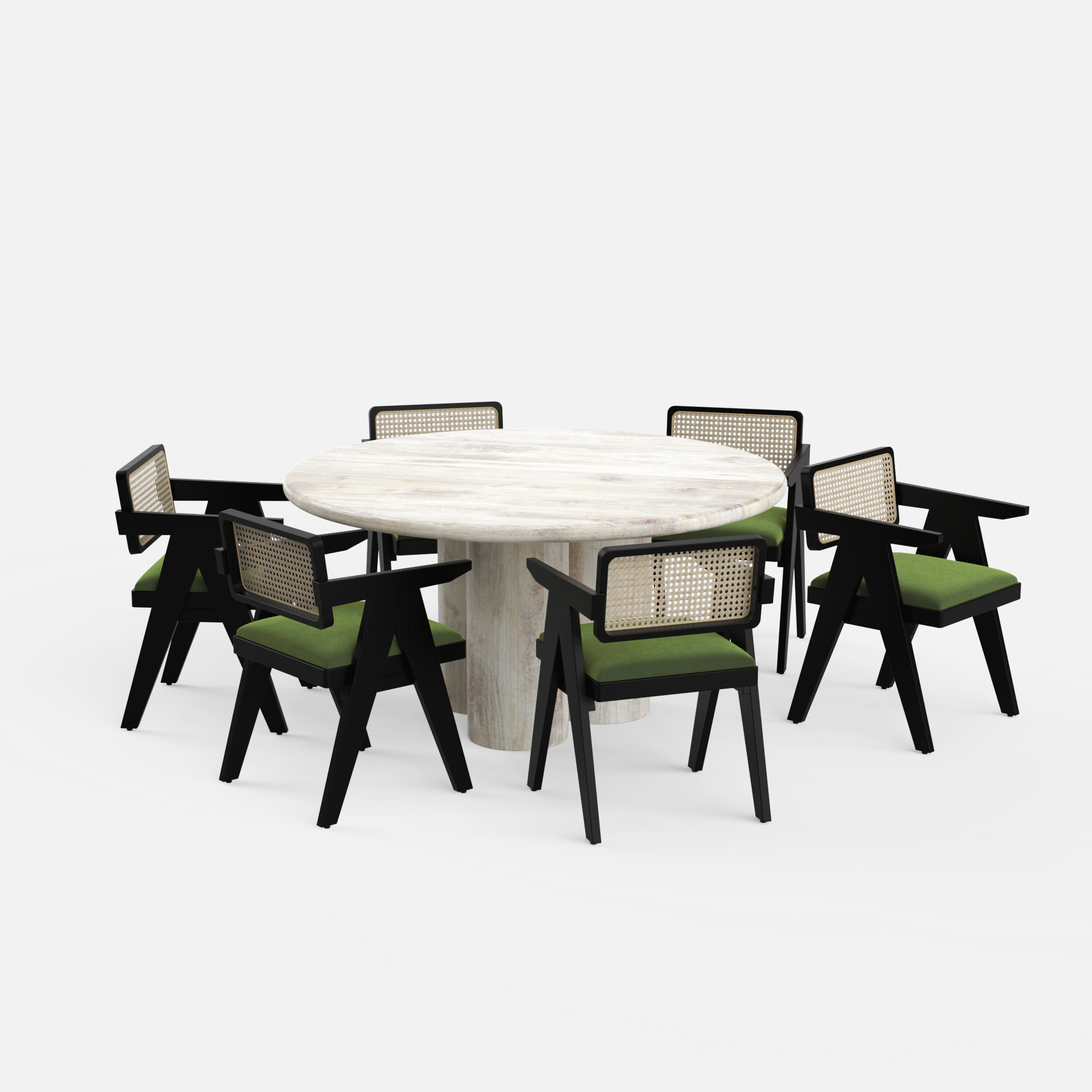 Amor-Pierre Dining Table Set - 6 Seater - Table (150 cm Dia x 76 cm) + 6 Pierre Chairs - Mango Table + Sheesham Seating