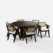 Amor-Pierre Textured Walnut Dining Table Set - 6 Seater - Table (150 cm Dia x 76 cm) + 6 Pierre Chairs - Mango Table + Sheesham Seating