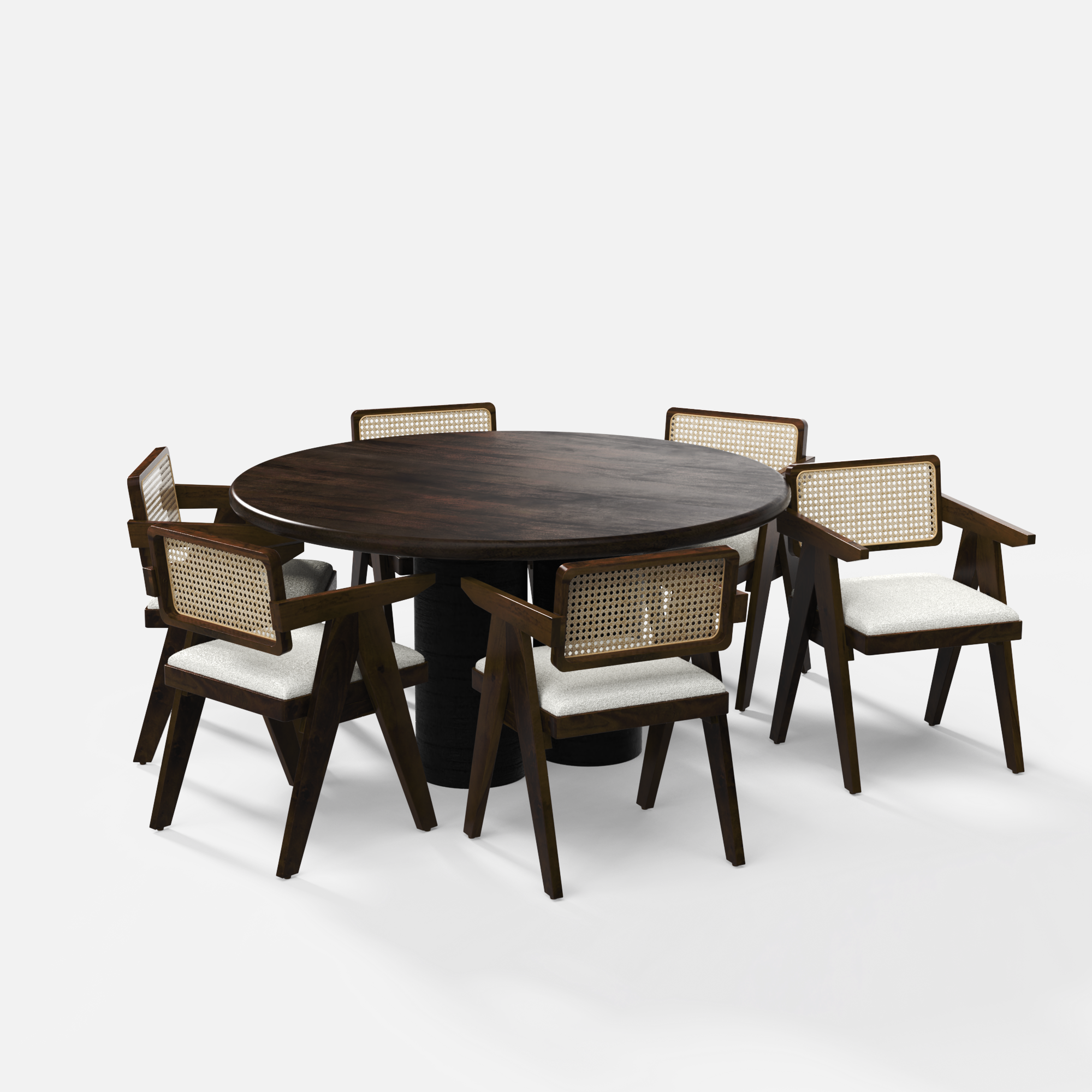 Amor-Pierre Textured Walnut Dining Table Set - 6 Seater - Table (150 cm Dia x 76 cm) + 6 Pierre Chairs - Mango Table + Sheesham Seating