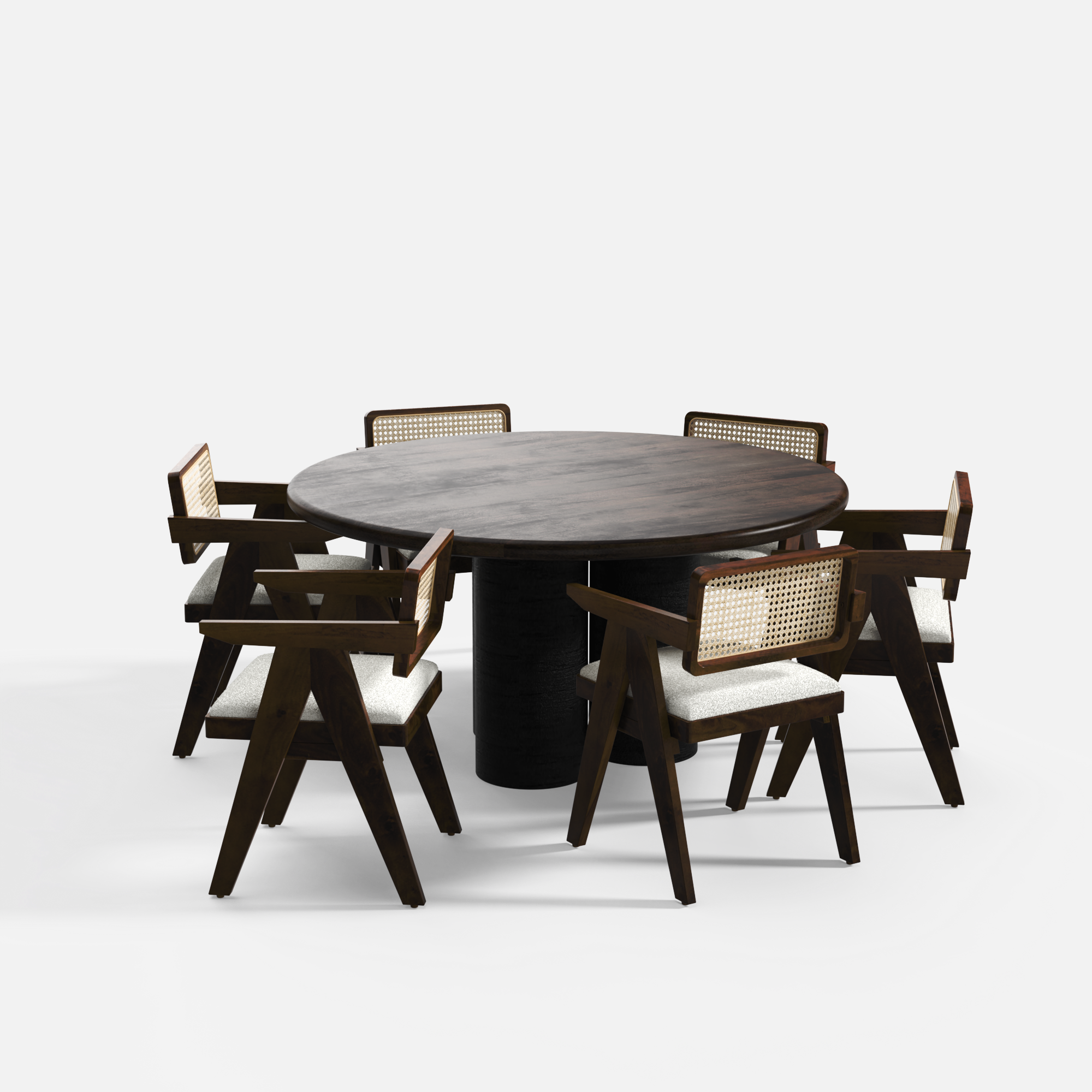 Amor-Pierre Textured Walnut Dining Table Set - 6 Seater - Table (150 cm Dia x 76 cm) + 6 Pierre Chairs - Mango Table + Sheesham Seating