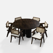 Amor-Pierre Textured Walnut Dining Table Set - 6 Seater - Table (150 cm Dia x 76 cm) + 6 Pierre Chairs - Mango Table + Sheesham Seating