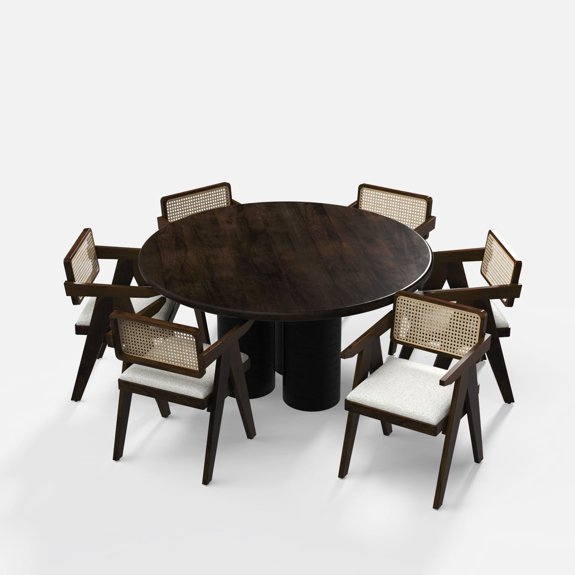 Amor-Pierre Textured Walnut Dining Table Set - 6 Seater - Table (150 cm Dia x 76 cm) + 6 Pierre Chairs - Mango Table + Sheesham Seating