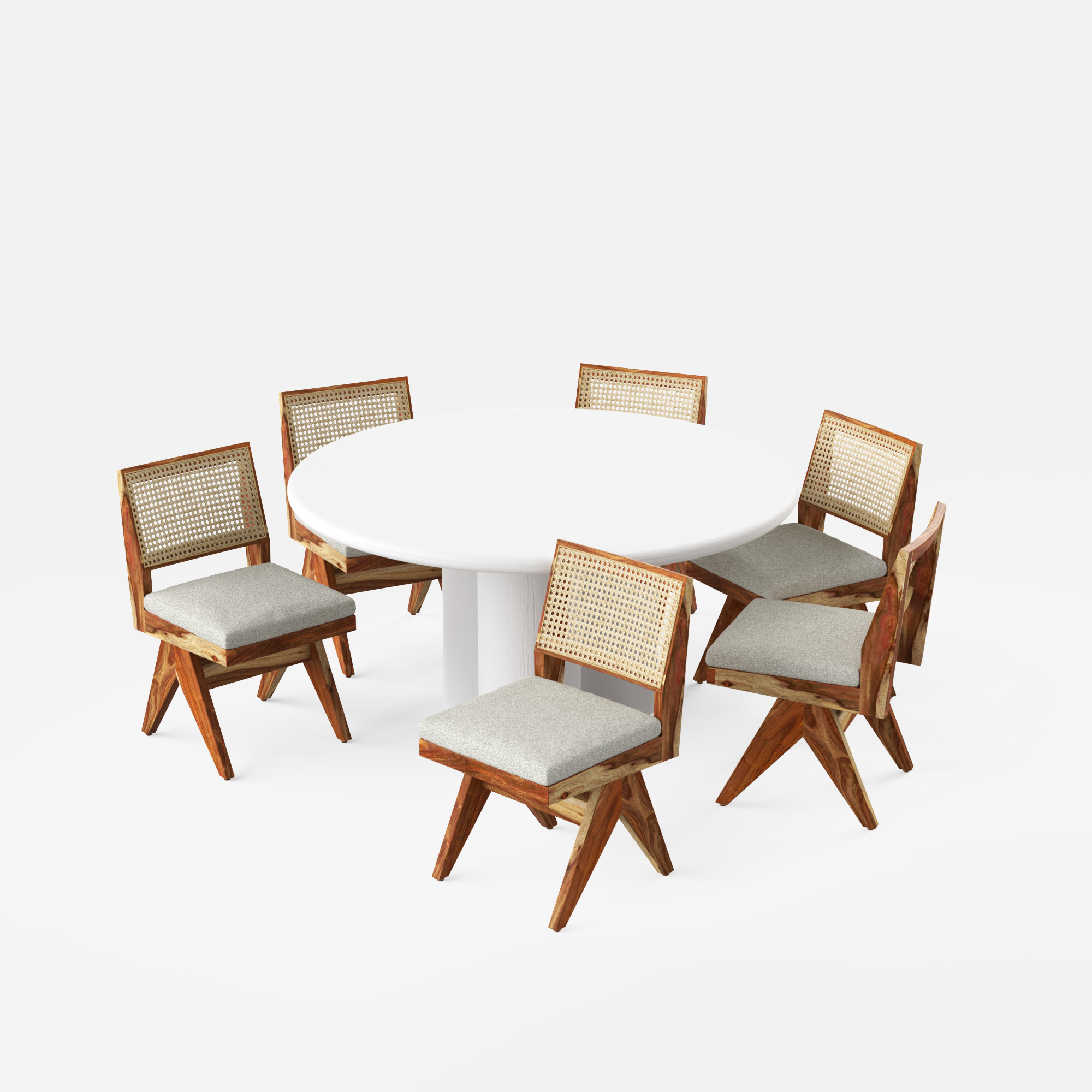 Amor-Jean Dining Table Set - 6 Seater - Table (150 cm Dia x 76 cm) + 6 Jean Chairs - Mango Table + Sheesham Seating
