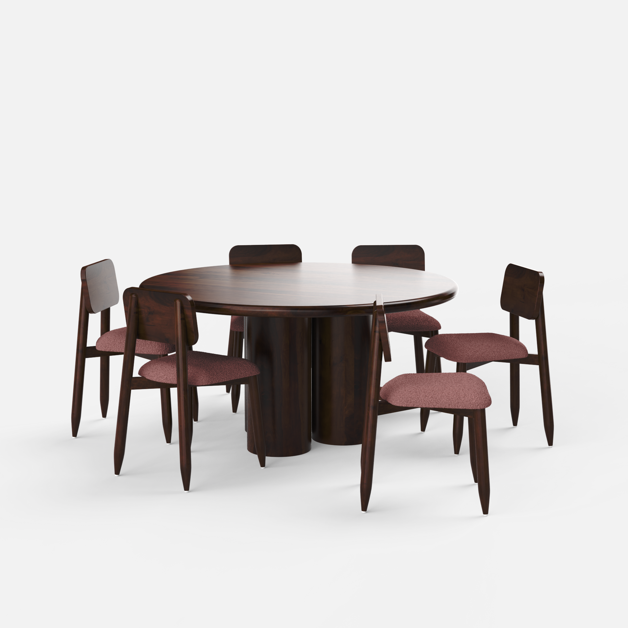 Amor-Stig Upholstered Dining Table Set - 6 Seater - Table (150 cm Dia x 76 cm) + 6 Stig Chairs - Mango