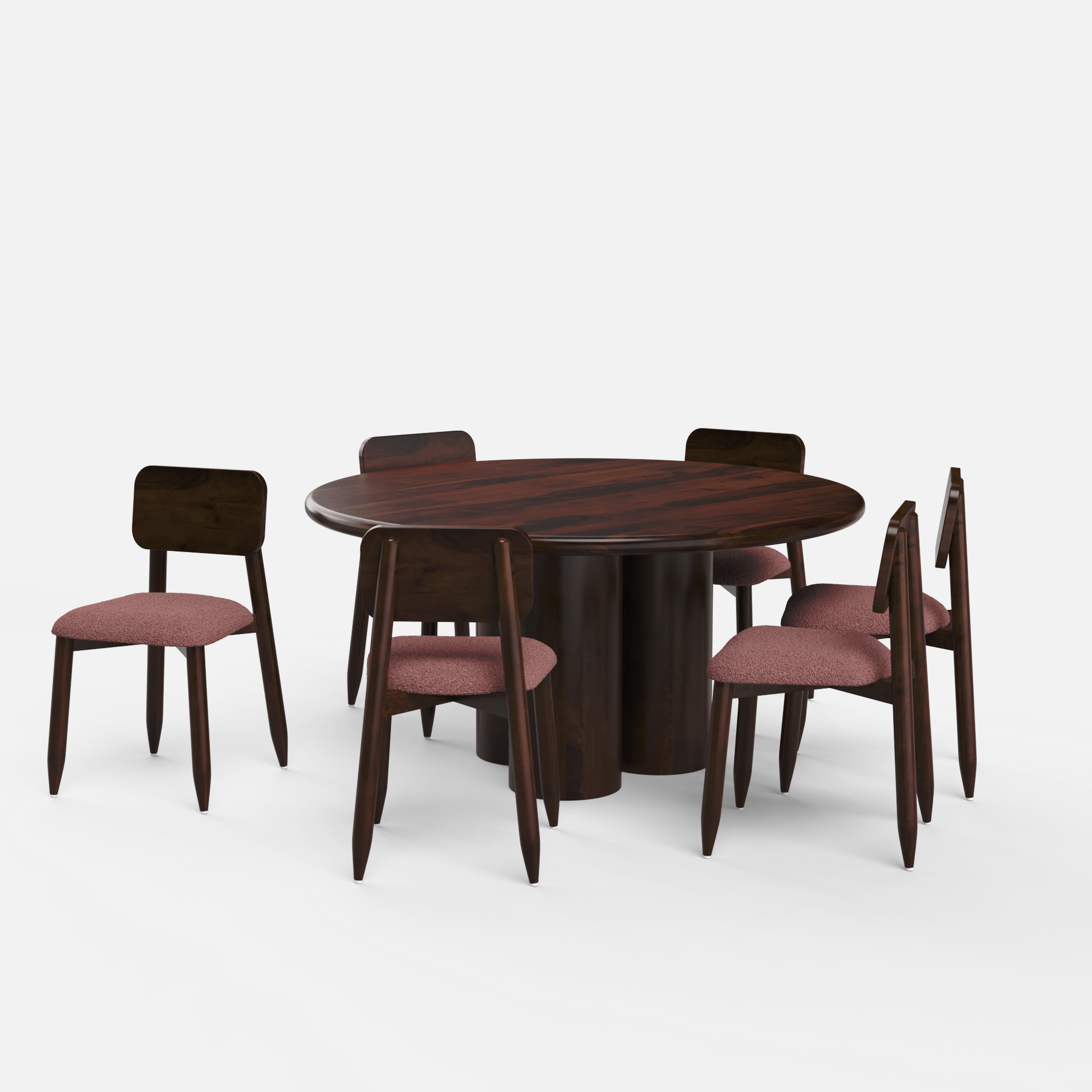 Amor-Stig Upholstered Dining Table Set - 6 Seater - Table (150 cm Dia x 76 cm) + 6 Stig Chairs - Mango