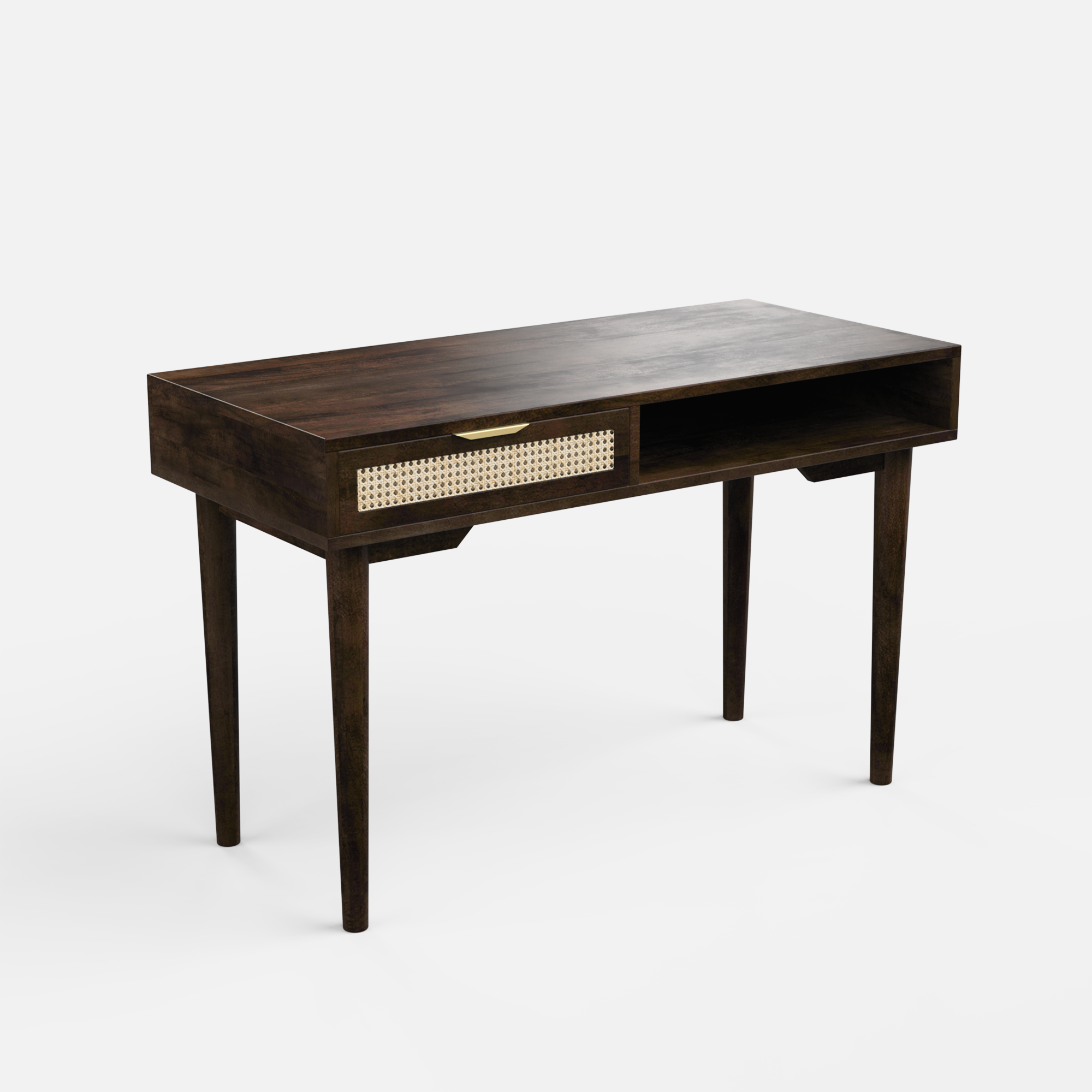 Wooden desk with a walnut finish on a white background