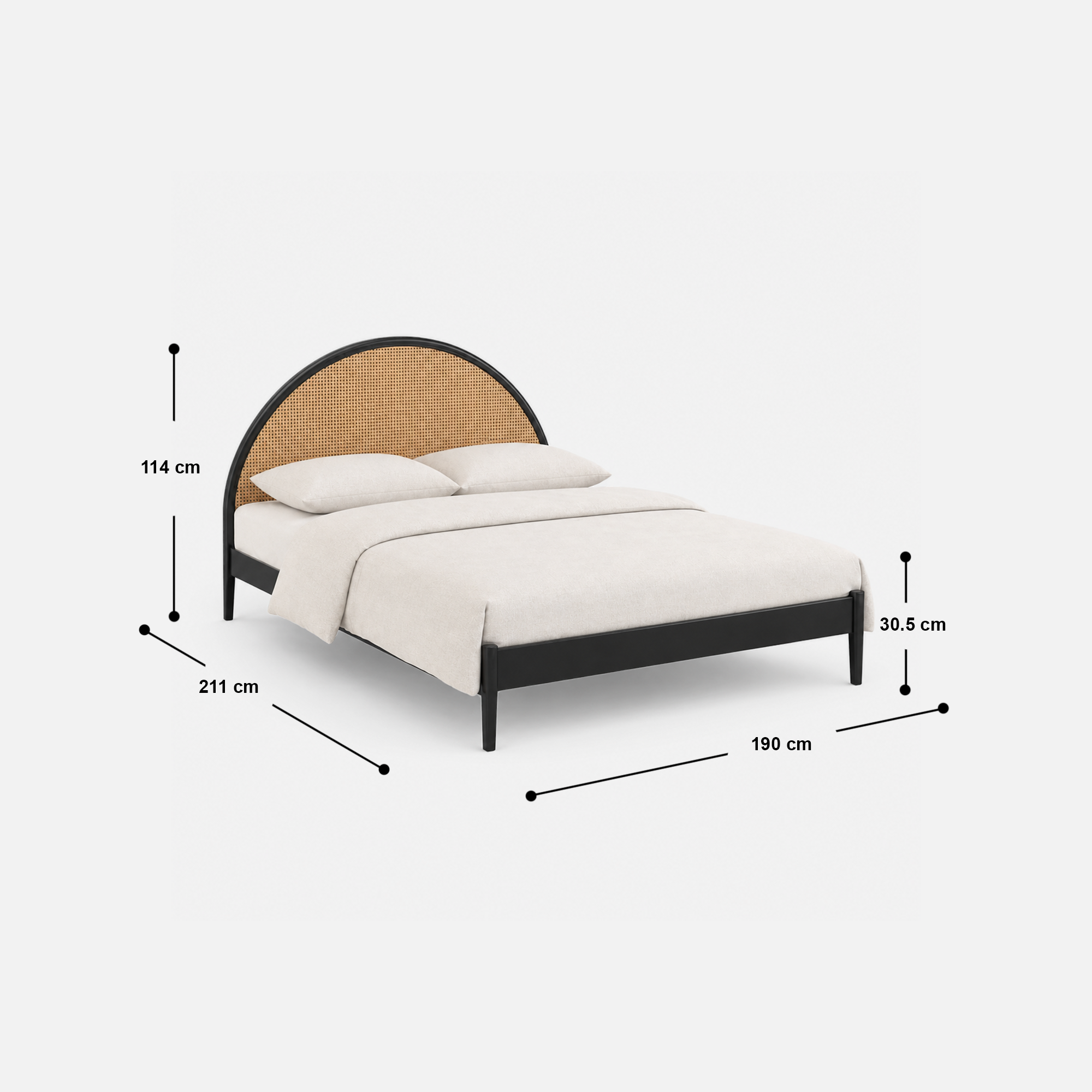 Arden Rattan Cane Acacia Wood Bed in Black Finish