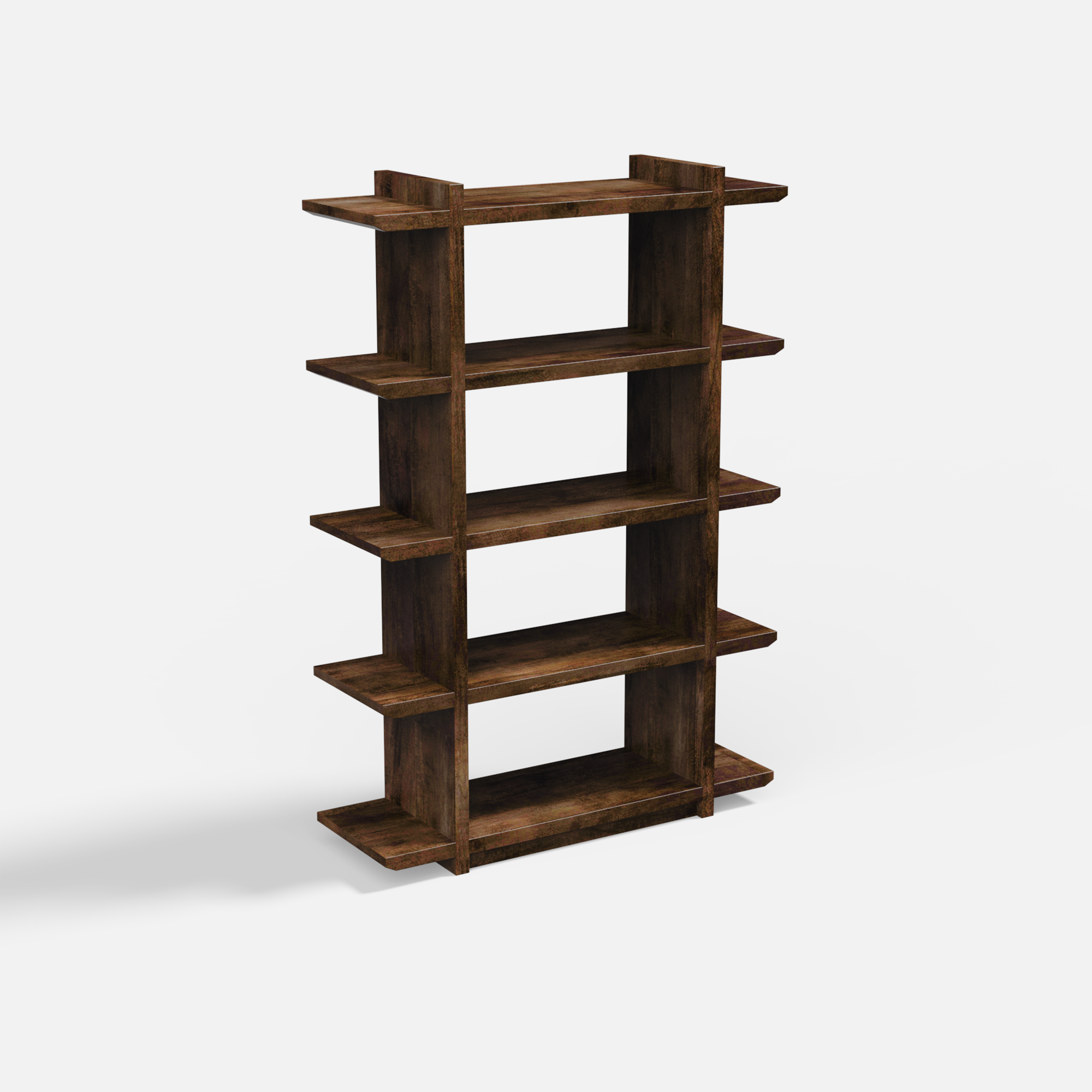 Wooden bookshelf with five shelves on a white background