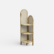 Wooden corner shelf with rattan on a white background