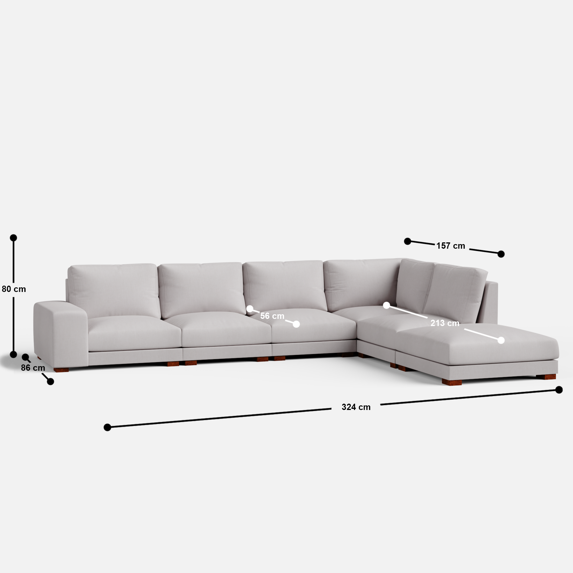 Derek modular right arm 5 seater sofa with ottoman - 127.5" | 61.6" Left chaise with 34" Ottoman - Crafts Mill Bespoke Furniture - Modular Sectional Sofas