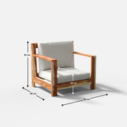 Wooden 1 Seater Sofa with white cushions on a white background and Dimensions marked 