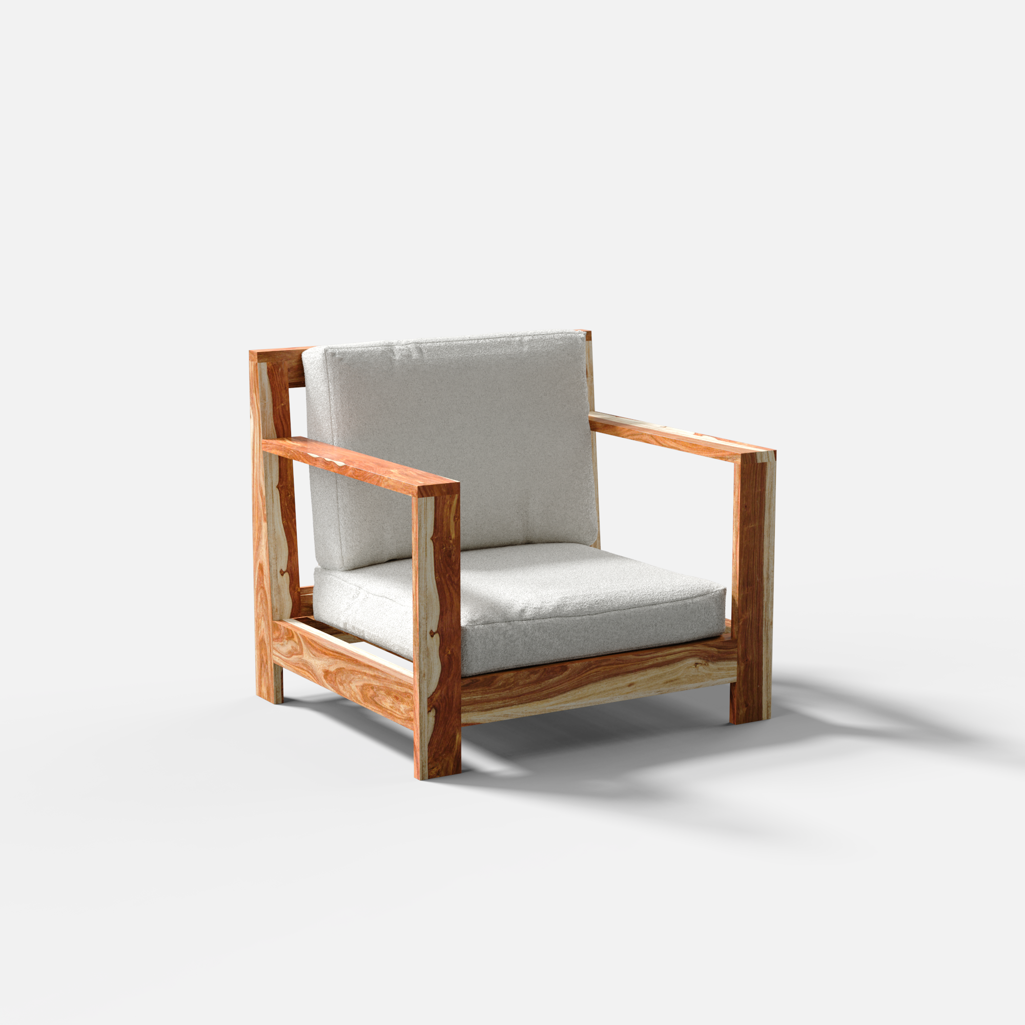 Wooden 1 Seater Sofa with white cushions on a white background