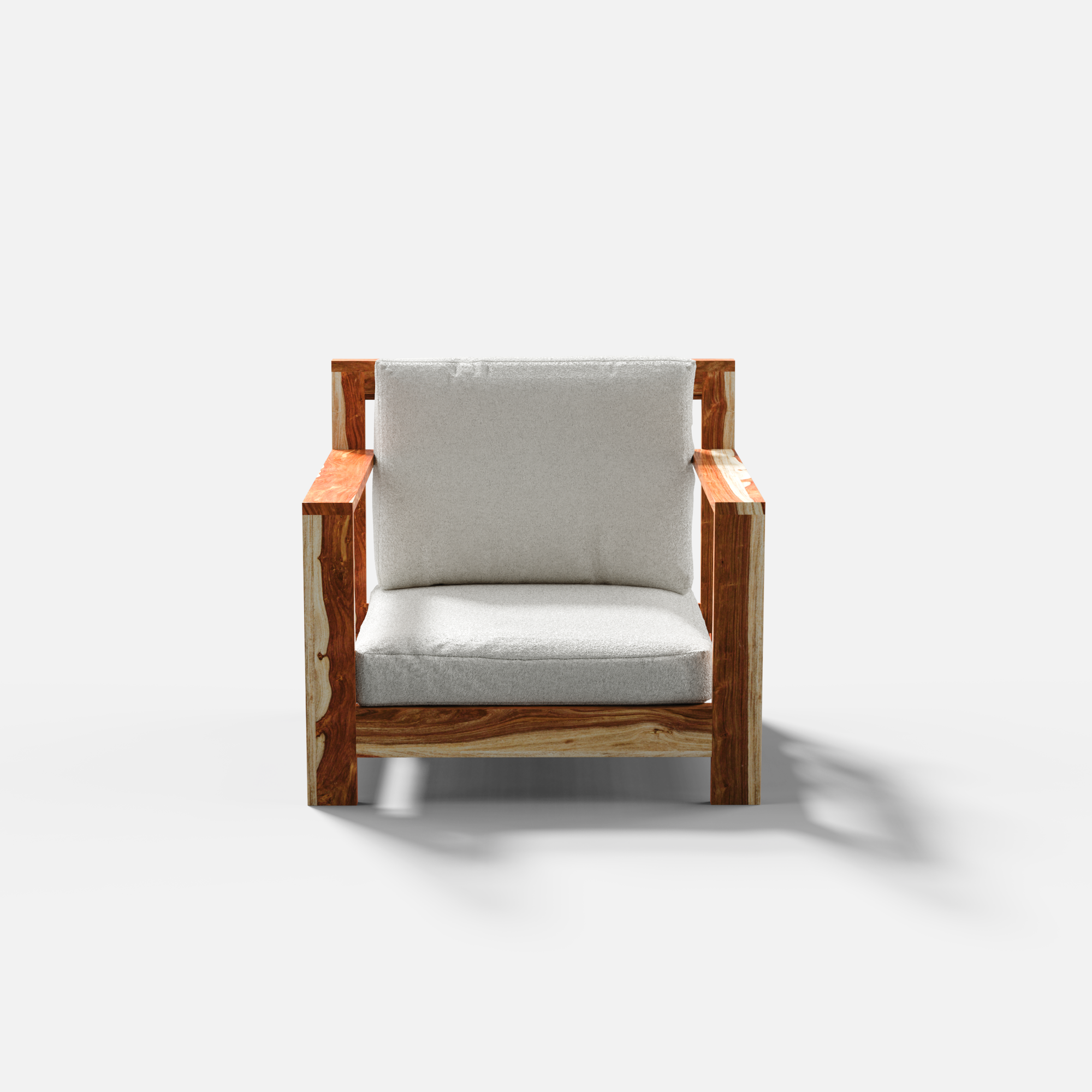 Wooden 1 Seater Sofa with white cushions on a white background