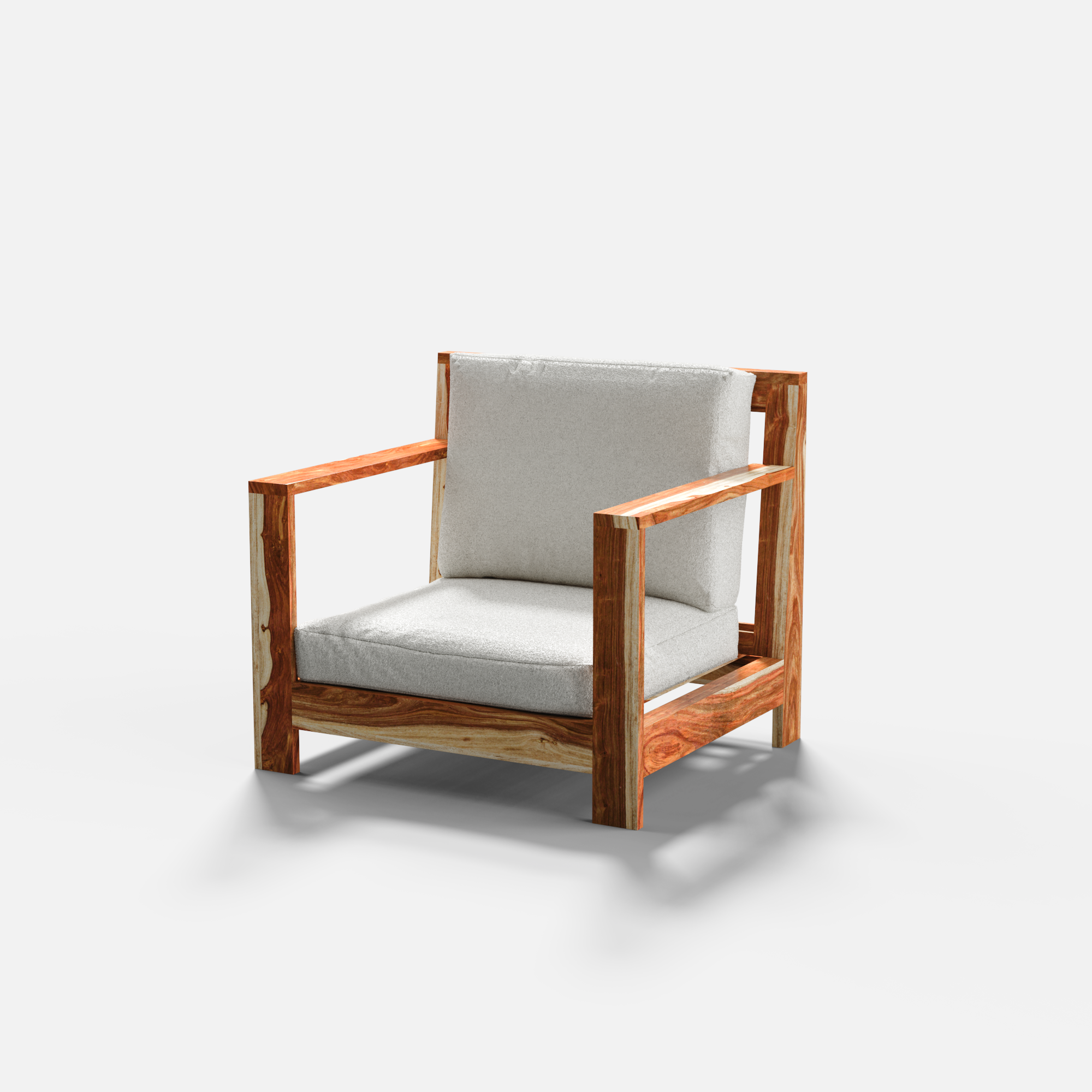 Wooden 1 Seater Sofa with white cushions on a white background